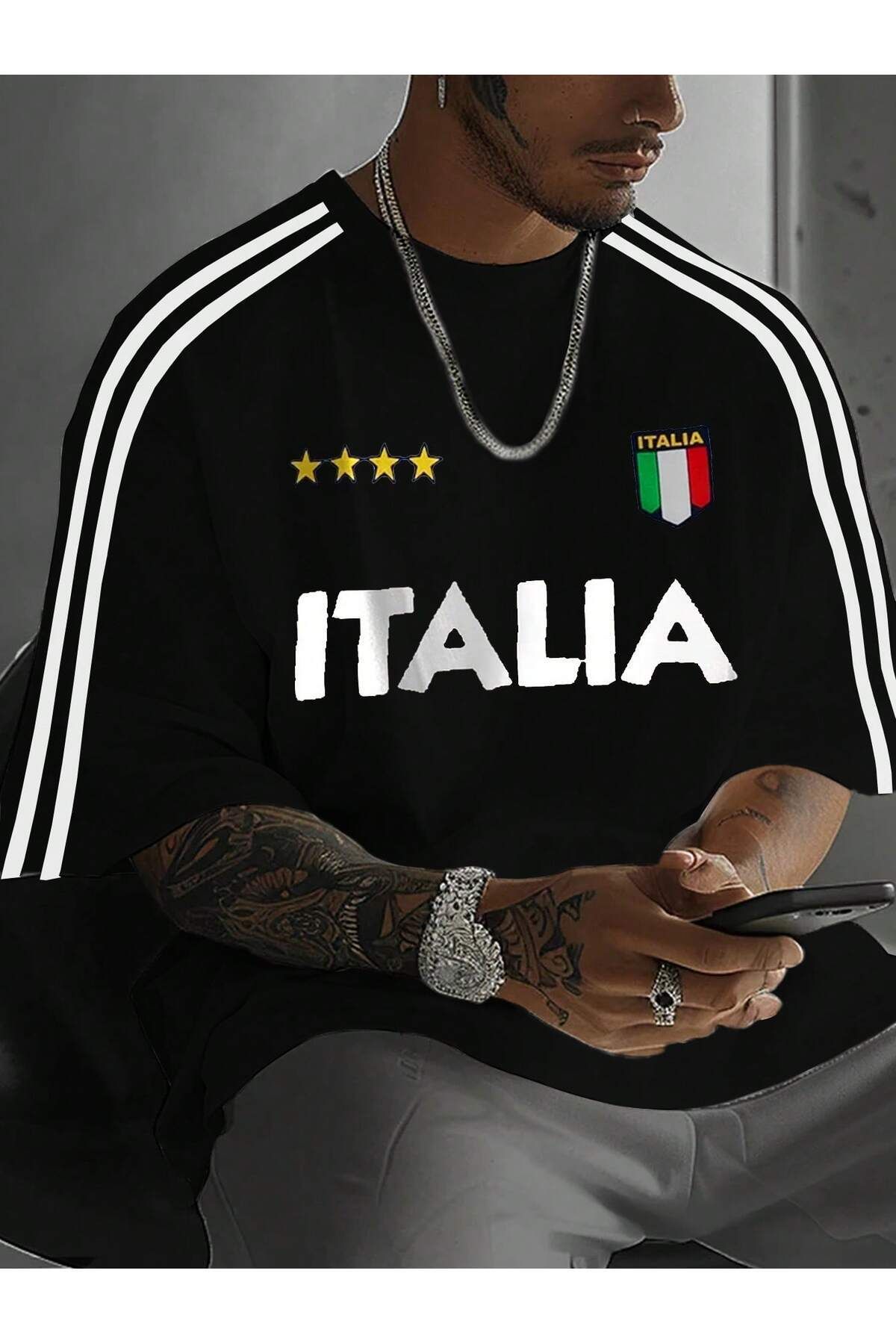 Hunors Sportswear & Company Italia Şerit Detaylı T-Shirt - Siyah Baskılı Oversize Bisiklet Yaka Kısa Kol