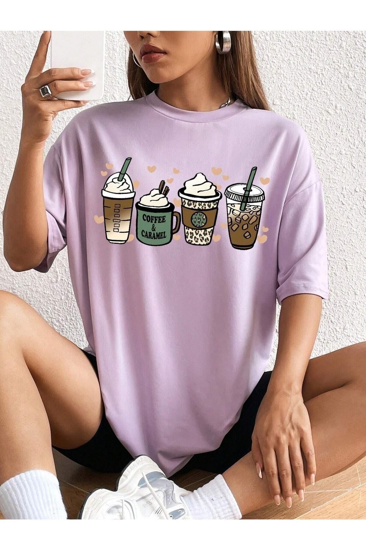 Hunors Sportswear & Company Coffee Caramel Baskılı Kadın / Kız Oversize T-shirt Salaş Boyfirend