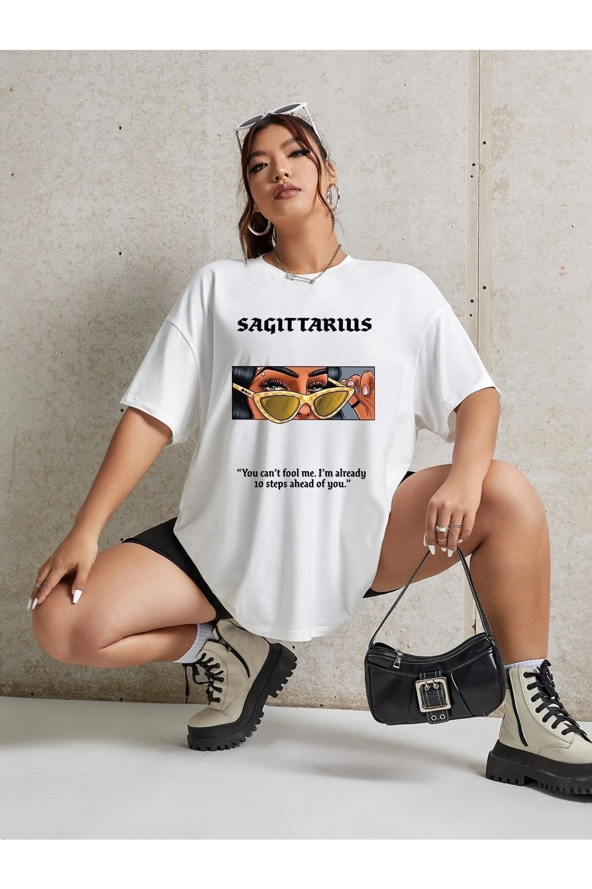 Boi Kadın / Kız Beyaz Oversize T-shirt Sagıttarıus Baskılı