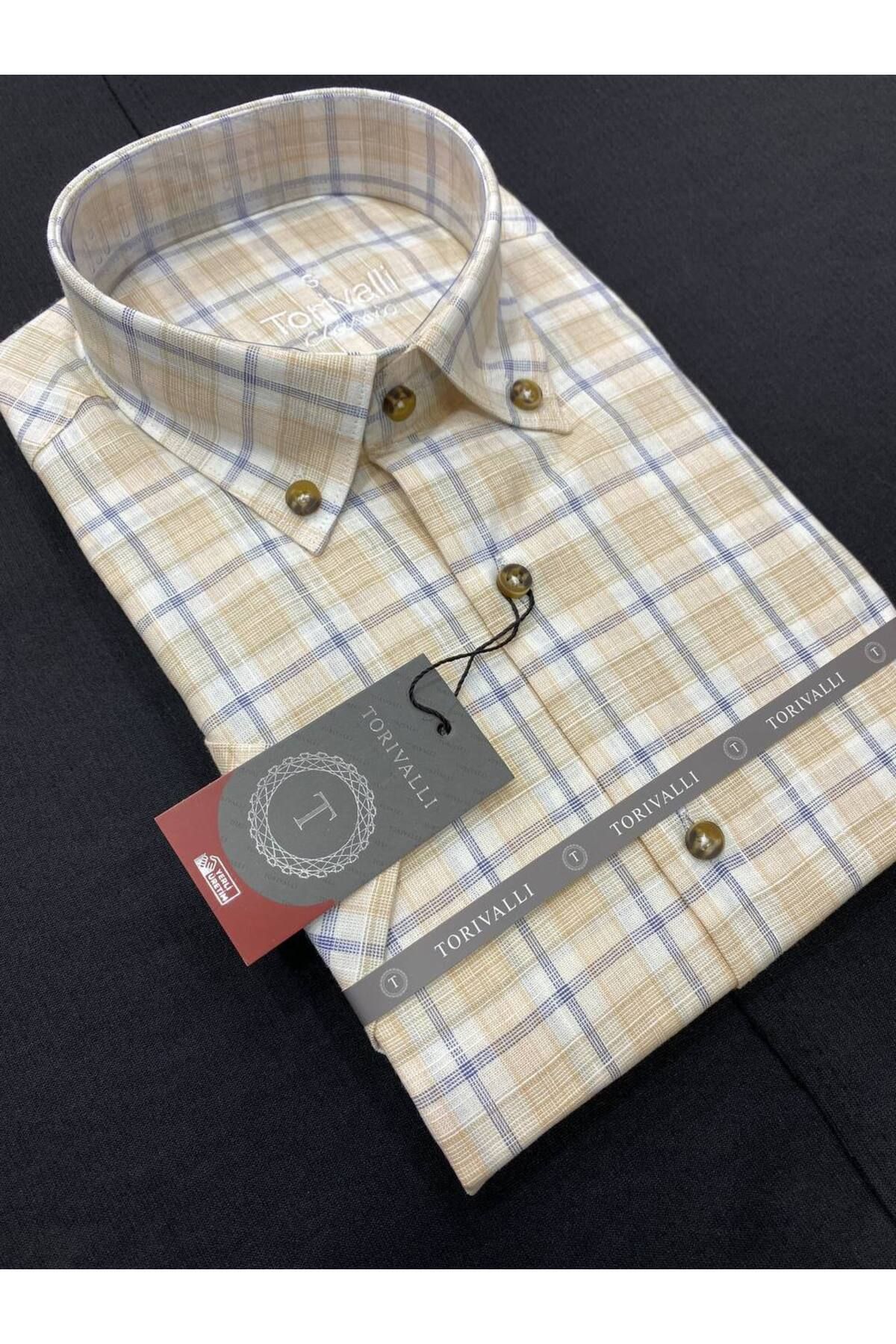 Torivalli Collection Keten Klasik Kesim Yaka Düğmeli Kısa Kollu Cepli Mevsimlik Ekoseli Erkek Gömlek