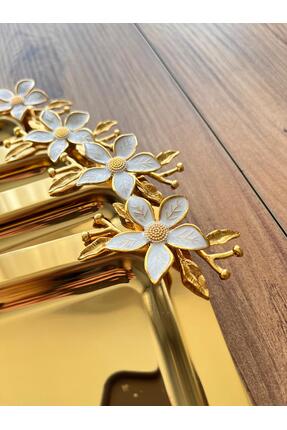 Maglor 6 Adet Mineli Papatya Aksesuarlı Gold Kare Sunum,kahve Tepsisi