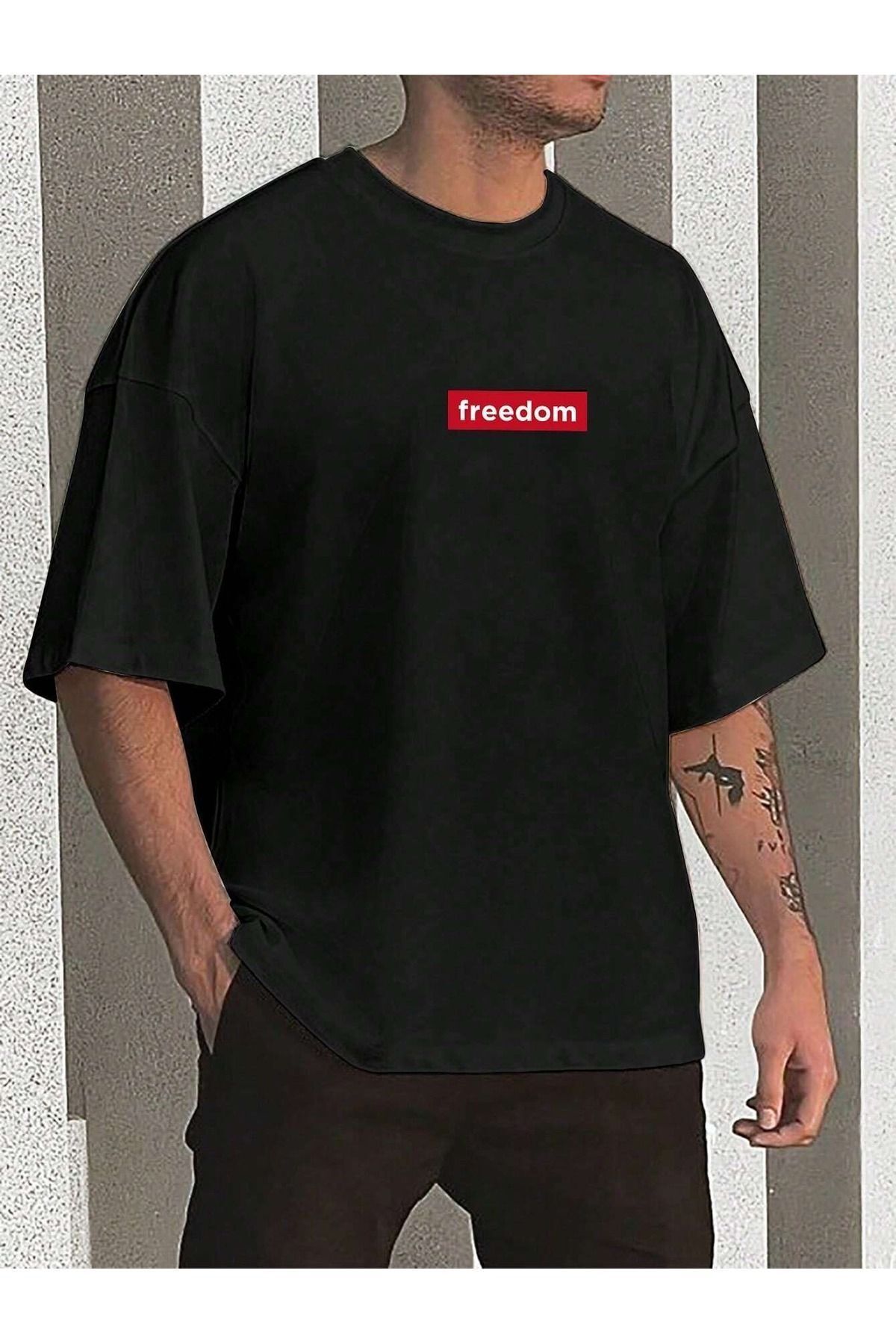 Boi Freedom Yazılı T-Shirt - Siyah Baskılı Oversize Bisiklet Yaka Kısa Kol