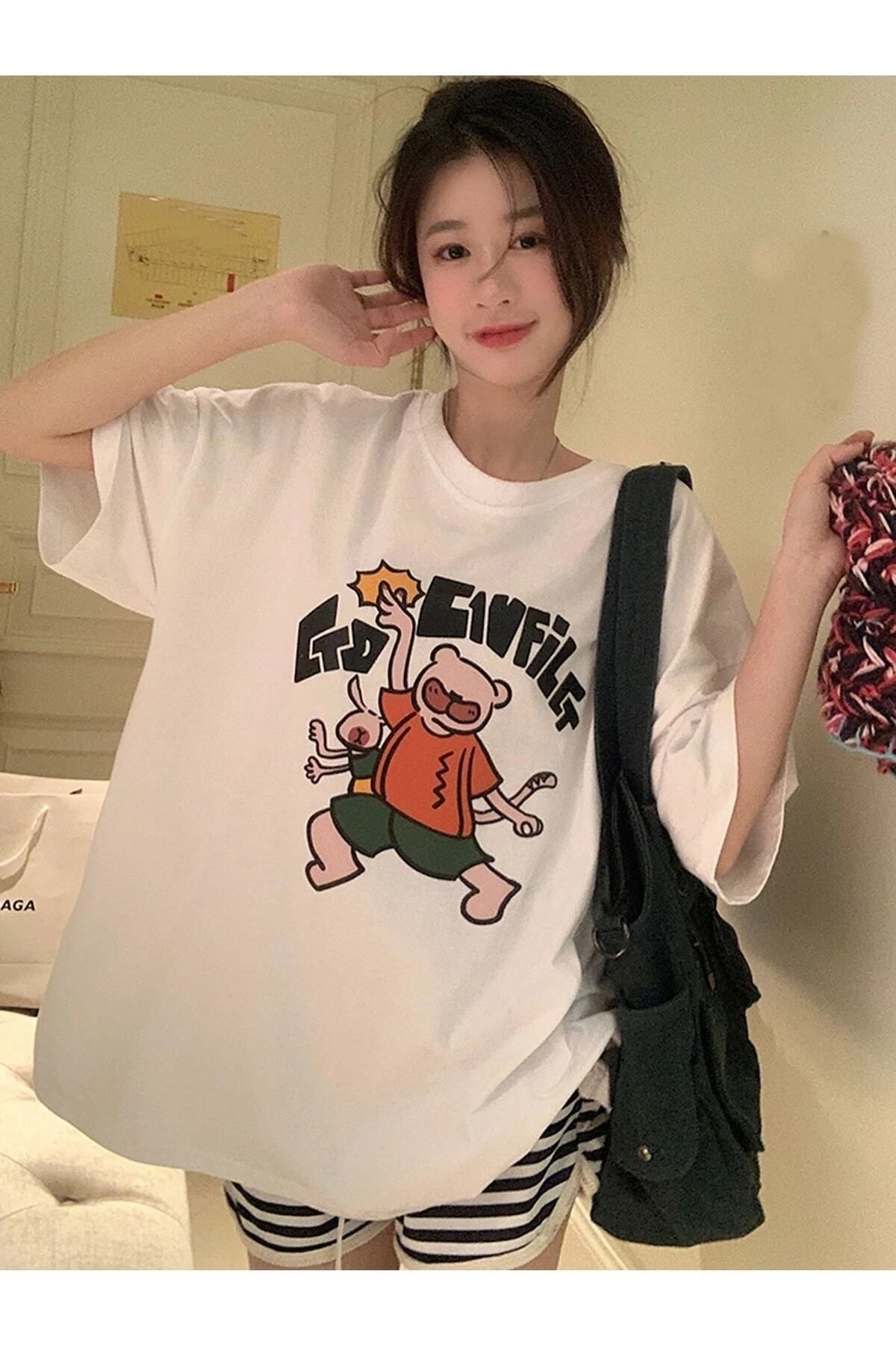 Boi Kadın / Kız Beyaz Oversize T-shirt Go Cıvfilet Baskılı