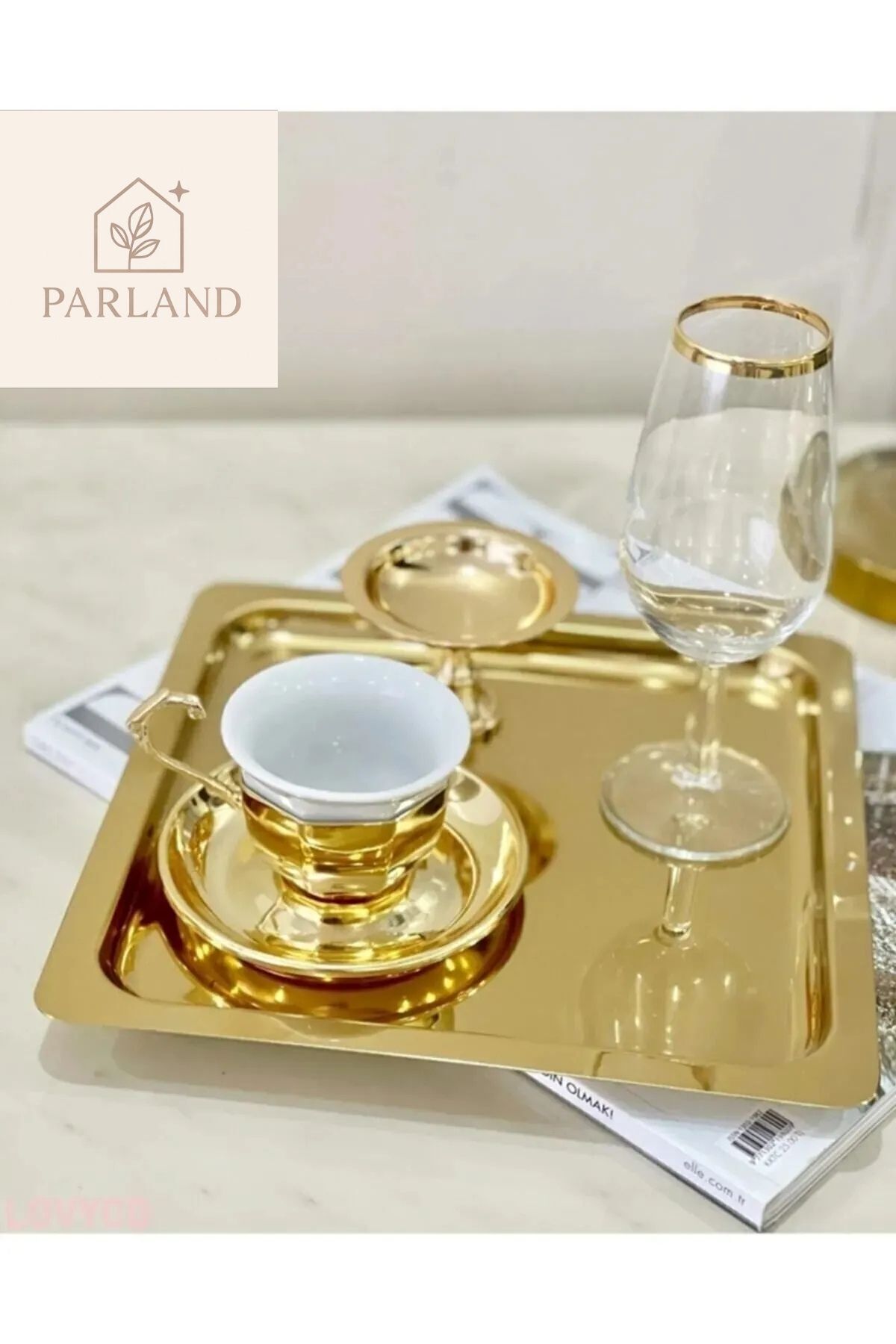 Parland Gold Renk Şık Kare Paslanmaz Çelik Kahve Servis Sunum Tepsi & Tabağı 6 Adet (21X21CM)