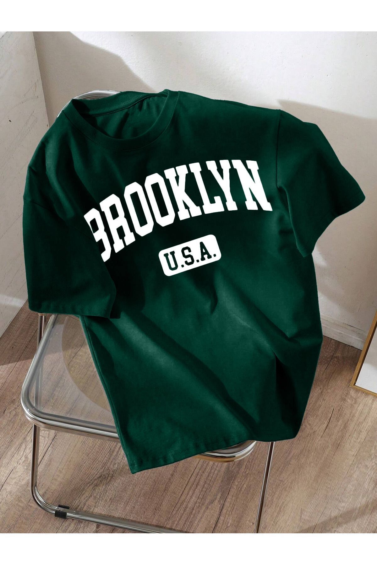 Hunors Sportswear & Company Brooklyn Usa T-Shirt - Nefti Yeşil Baskılı Oversize Bisiklet Yaka Kısa Kol