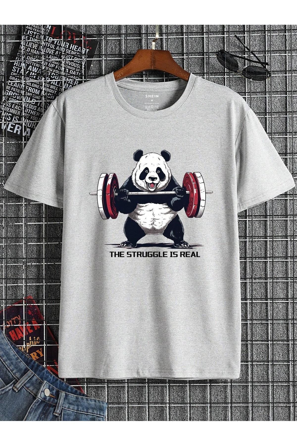 Boi Gym Panda T-Shirt - Gri Baskılı Oversize Bisiklet Yaka Kısa Kol