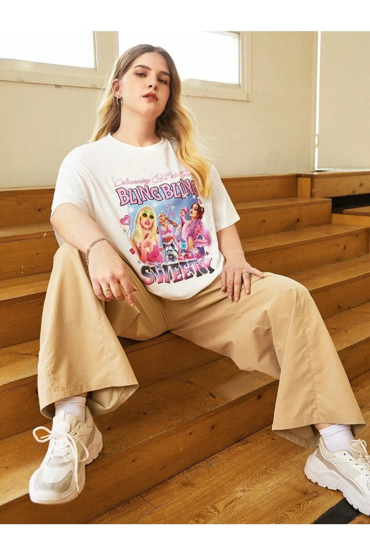 Boi Kadın / Kız Beyaz Oversize T-shirt Sweety Baskılı