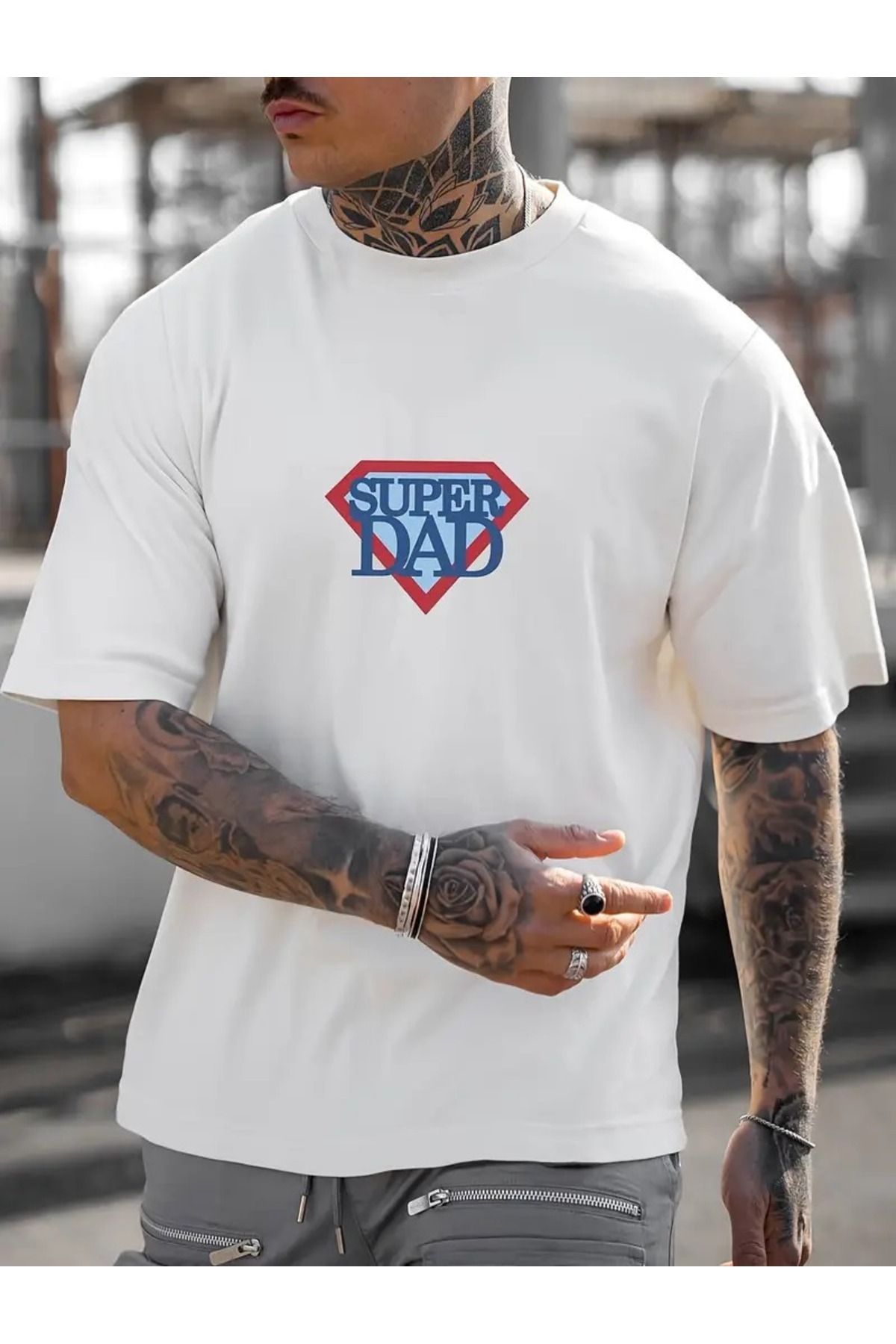 Boi Kadın ve Erkek Baba Baskılı Bisiklet Yaka Oversize Salaş Boyfirend Siyah Beyaz T-shirt