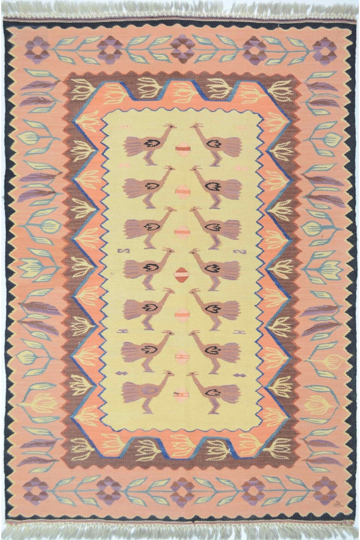 Handmade El Dokuma Pembe Tavus Kuşu Motifli Antik Süper İnce Kilim 80x120 cm (0.96 m²)