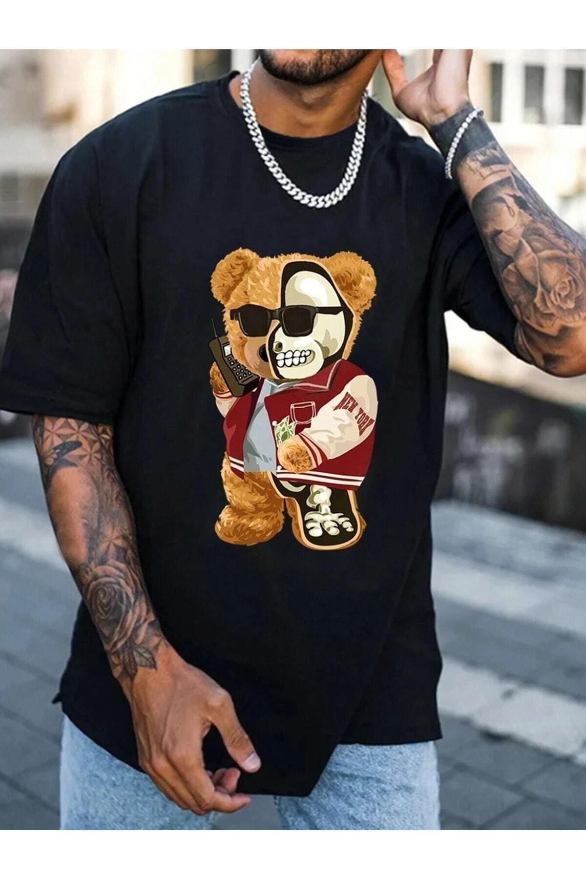 Hunors Sportswear & Company Half Skeleton Bear Baskılı Oversize Erkek T-shirt Salaş Boyfirend