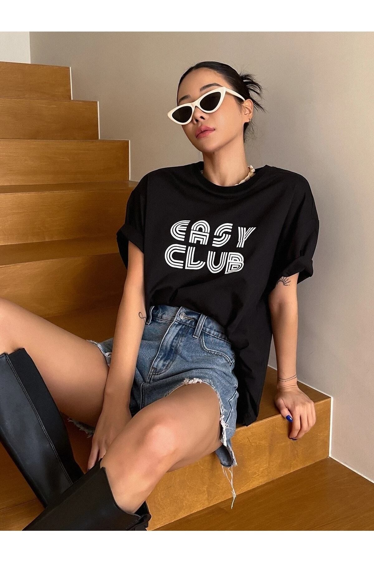 Boi Kadın / Kız Siyah Oversize T-shirt Easy Club Baskılı