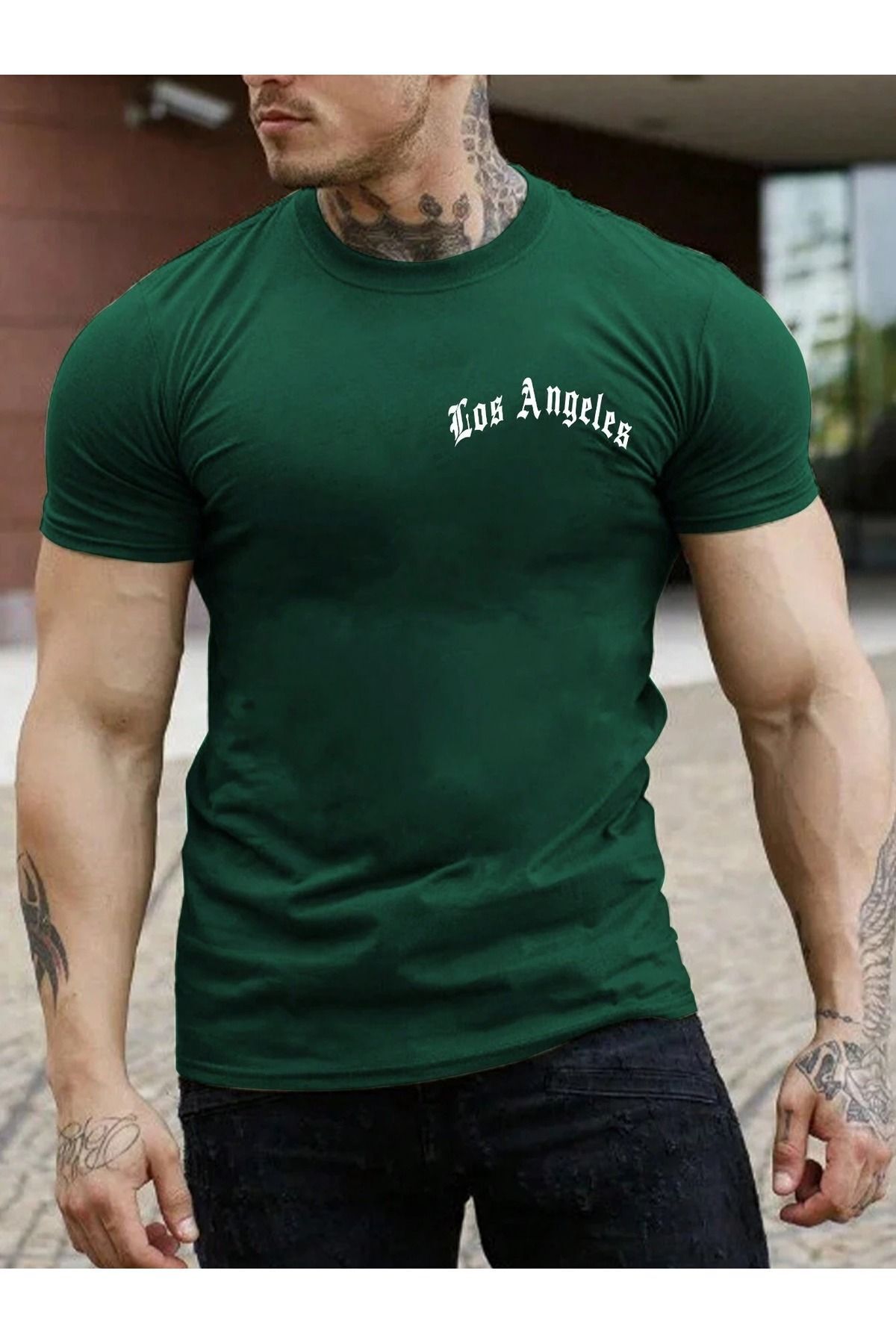 Hunors Sportswear & Company Los Angeles Minimal T-Shirt - Nefti Yeşil Baskılı Oversize Bisiklet Yaka Kısa Kol