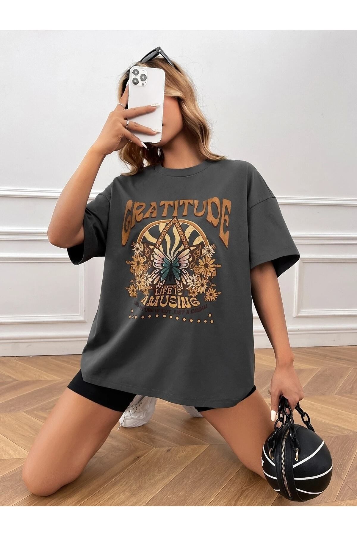 Boi Kadın / Kız Füme Oversize T-shirt Gratıtude Baskılı