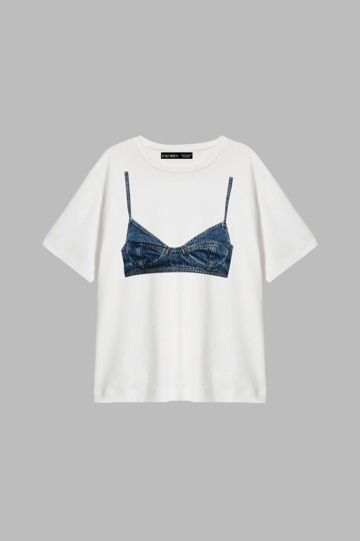 CİNEMA MODA Denim Bra Baskılı Relaxed Fit Beyaz Kadın Tshirt