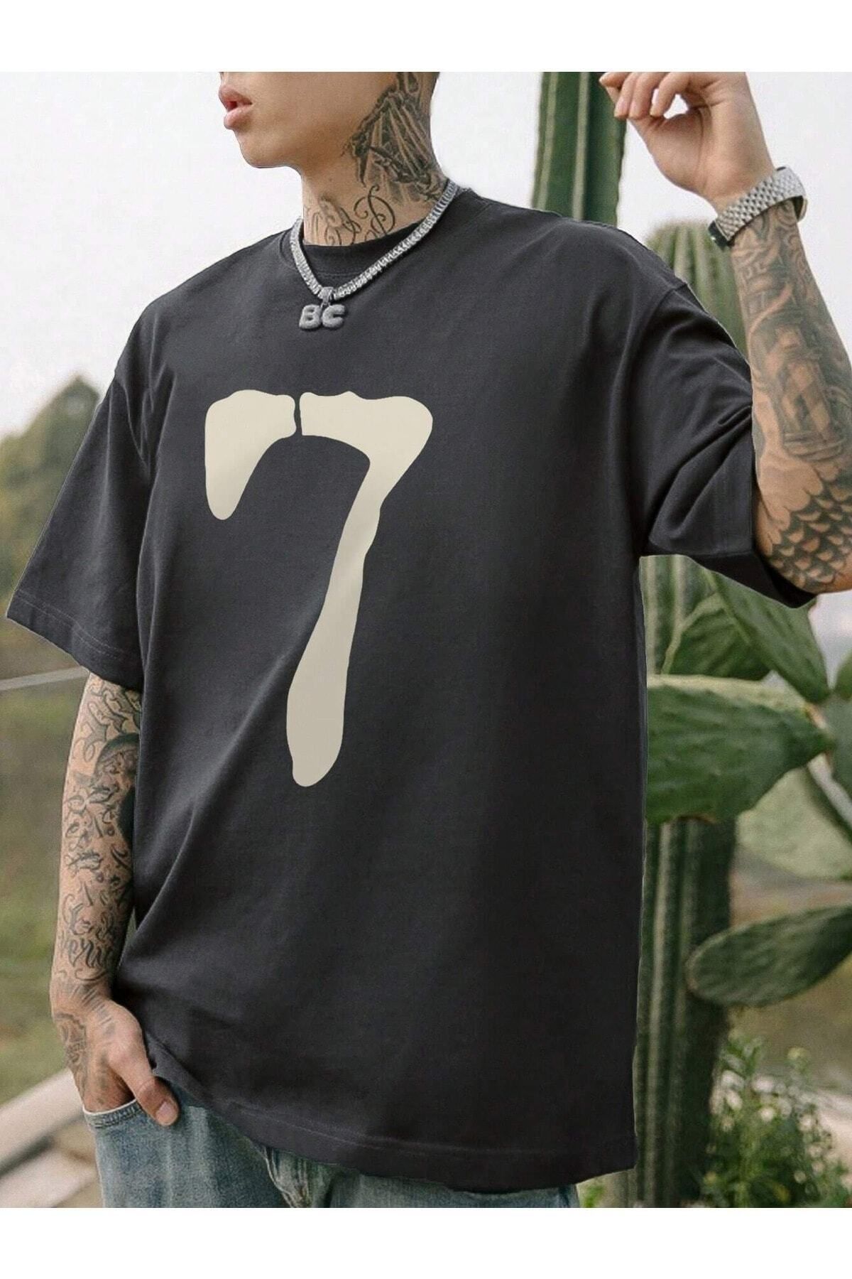 Hunors Sportswear & Company 7 Rakam Baskılı Oversize Erkek T-shirt Salaş Boyfirend