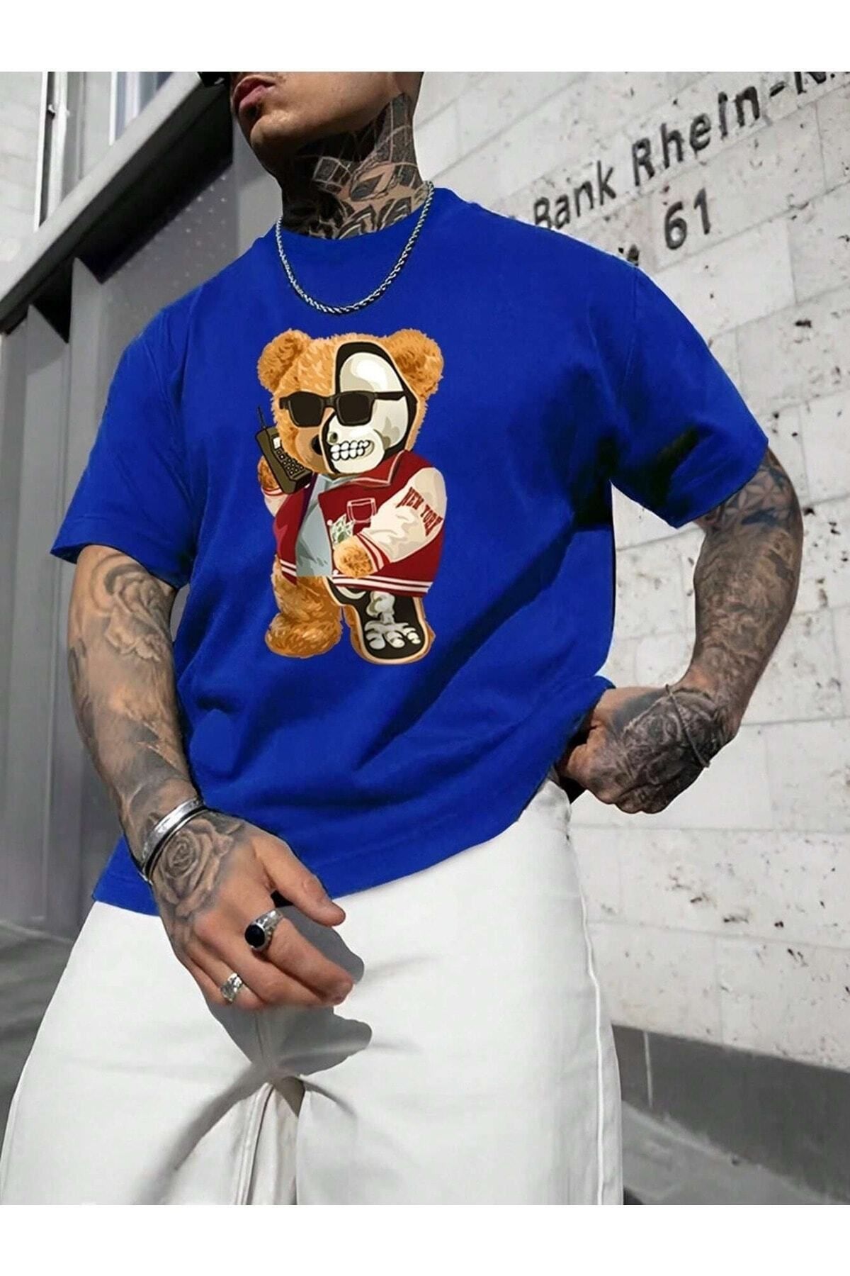 Hunors Sportswear & Company Half Skeleton Bear Baskılı Oversize Erkek T-shirt Salaş Boyfirend