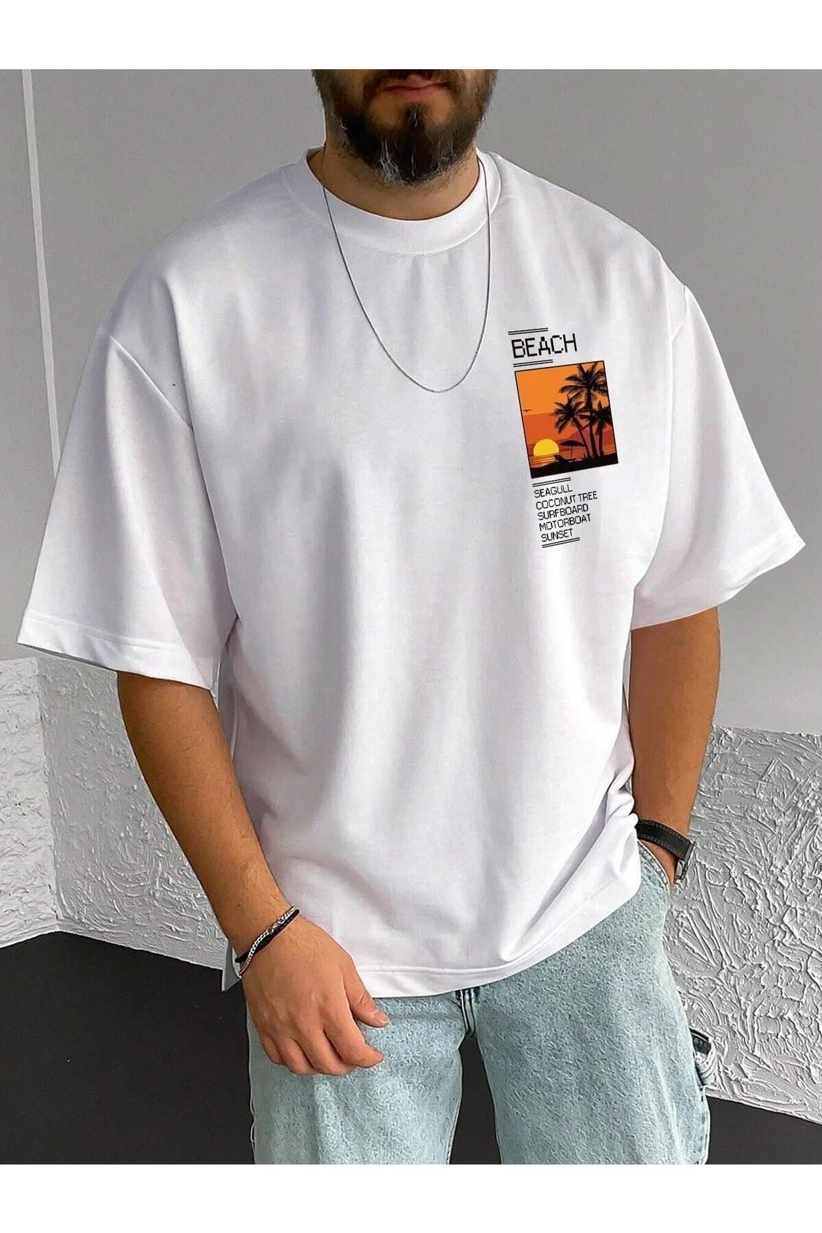 Hunors Sportswear & Company Beach Resim Baskılı Oversize Erkek T-shirt Salaş Boyfirend