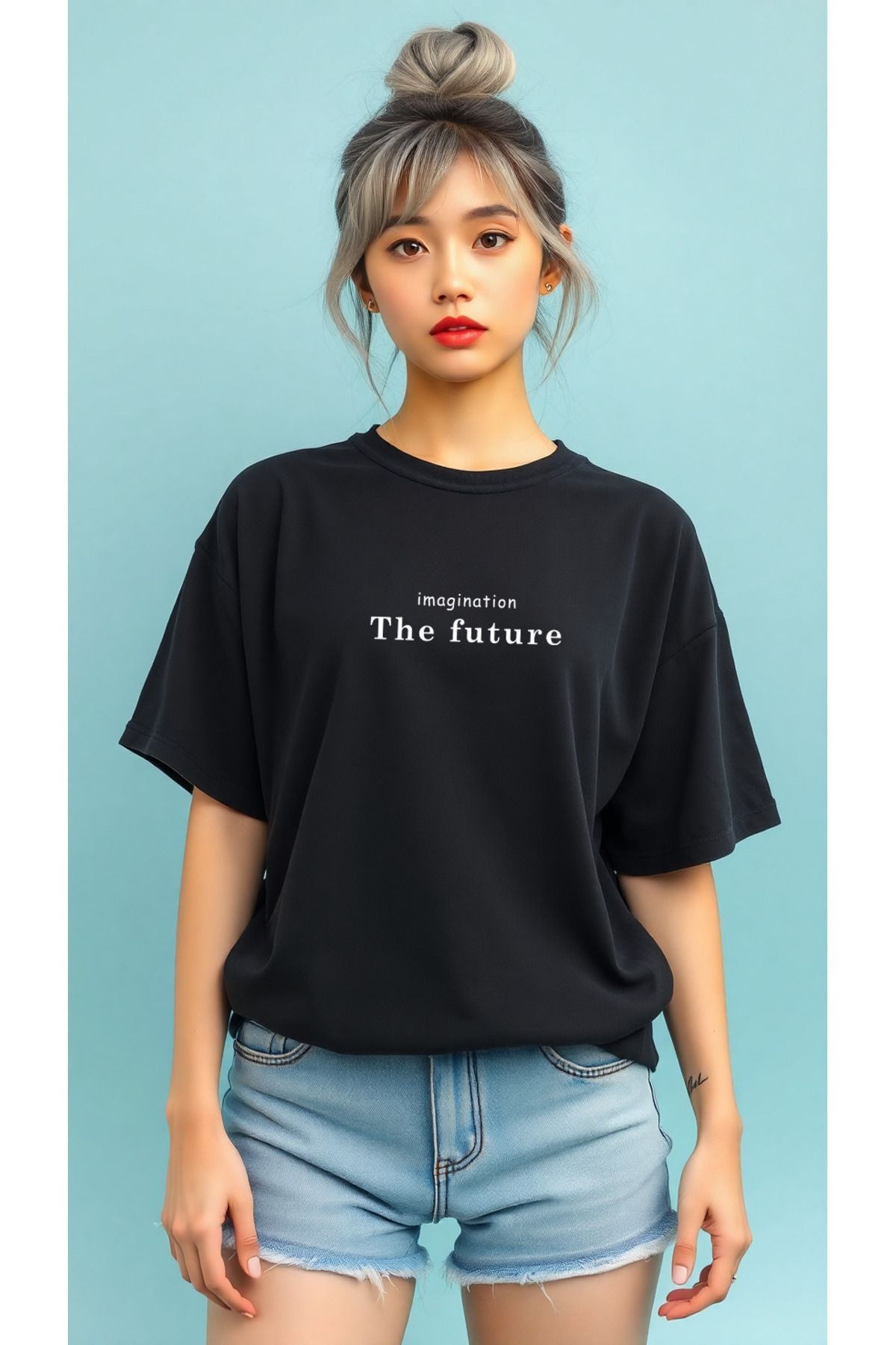 Hunors Sportswear & Company Siyah The Future T-Shirt - Baskılı Oversize Bisiklet Yaka Kısa Kol