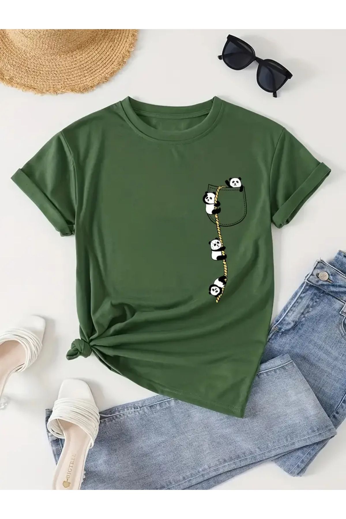 Hunors Sportswear & Company Tırmanan Pandalar Baskılı Kadın Pamuk T-shirt