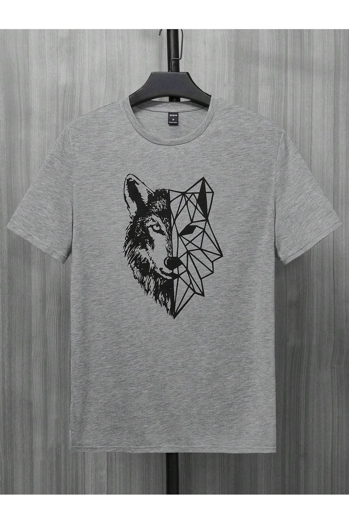 Hunors Sportswear & Company Kurt Desen T-Shirt - Gri Baskılı Oversize Bisiklet Yaka Kısa Kol