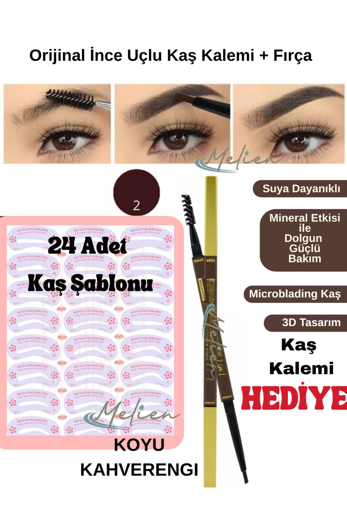 Melien 24 Adet Kaş Şablonu 1adet 2'si 1 Arada Kaş Kalemi Ve Kaş Fırçası Doğal Kaş Makyaj Boyası Kese Hediye
