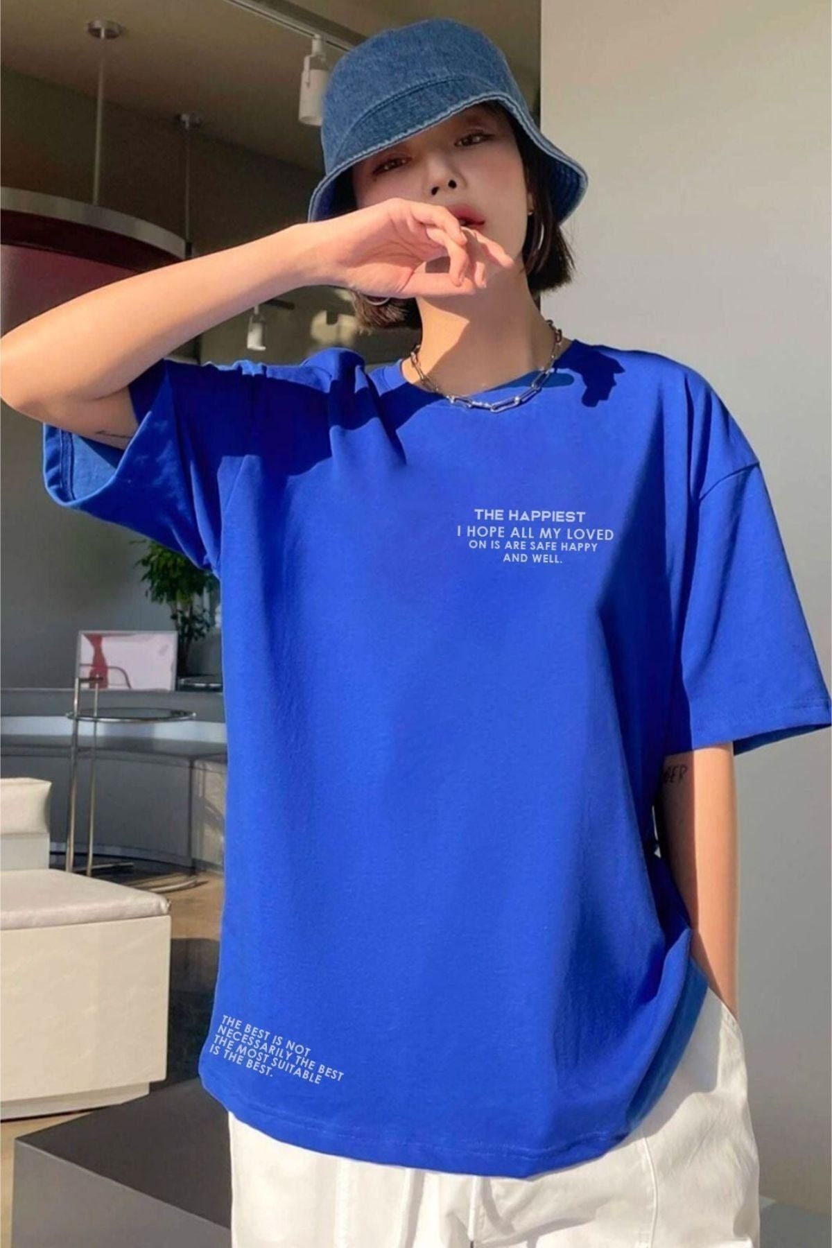 Hunors Sportswear & Company Sax Saks Mavisi Happiest T-Shirt - Baskılı Oversize Bisiklet Yaka Kısa Kol