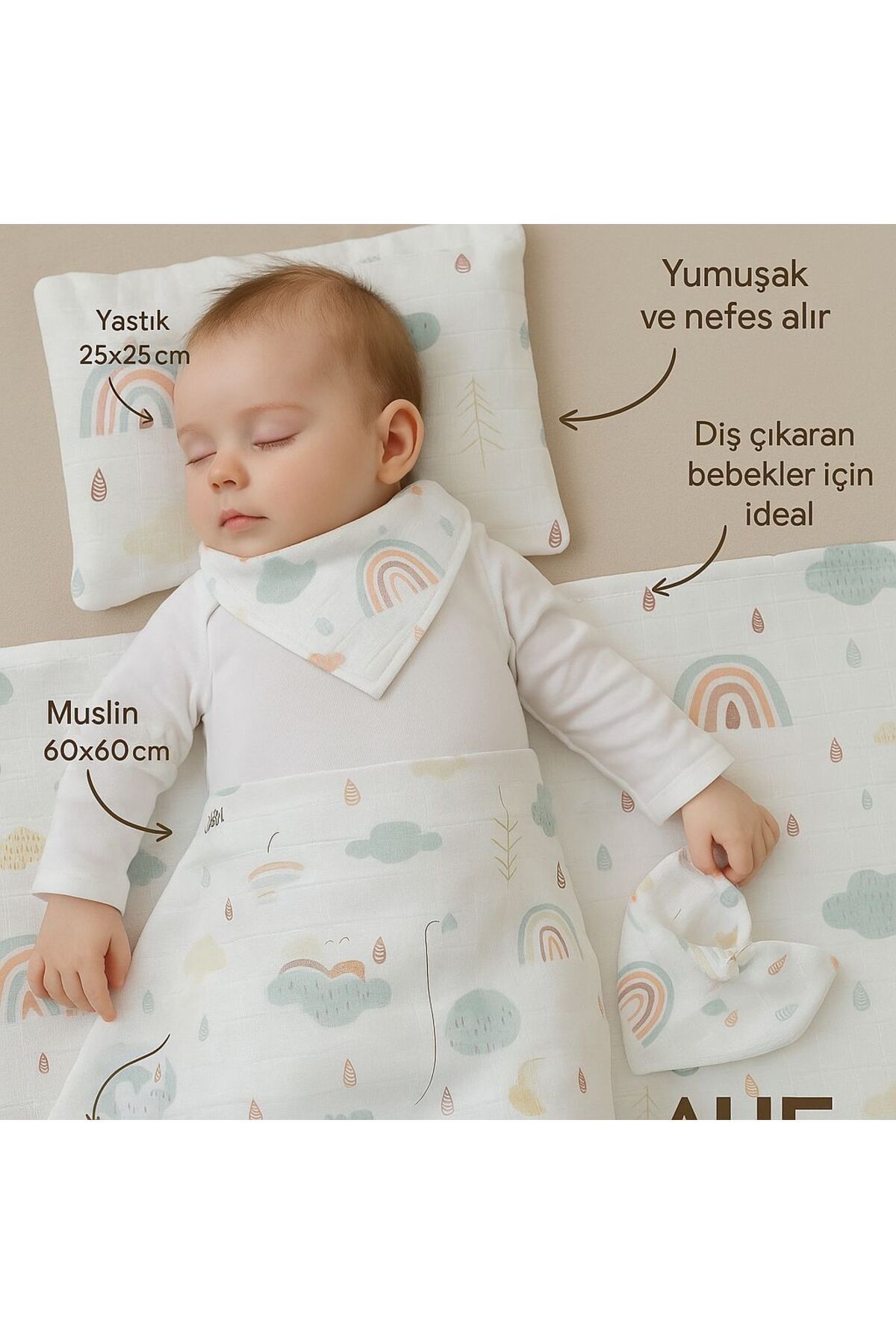 AHE %100 Müslin Pamuk Hastane Çıkış Seti | 3 Parça | Yastık 25x25,Örtü 60x60,Fular 20x20 | Unisex Desen