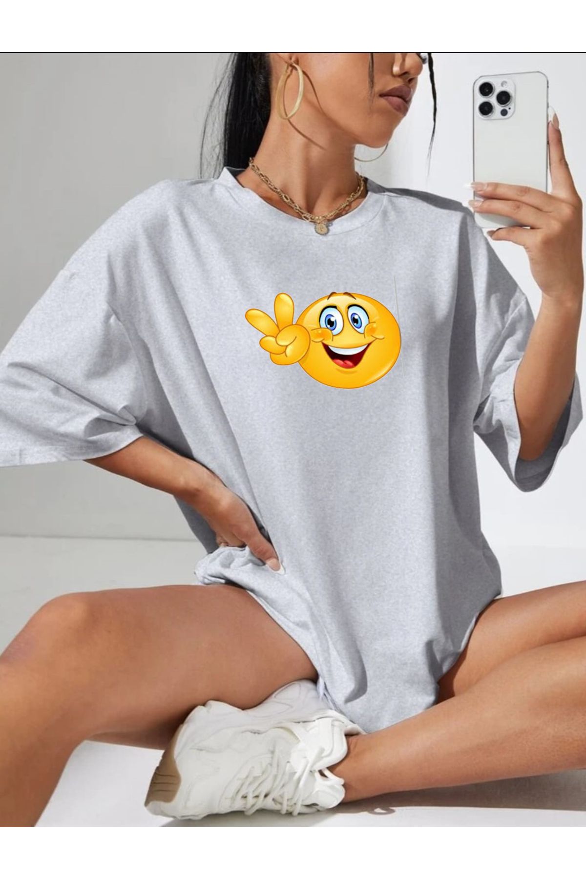 Hunors Sportswear & Company Emoji Baskılı Oversize Kadın / Kız T-shirt Salaş Boyfirend