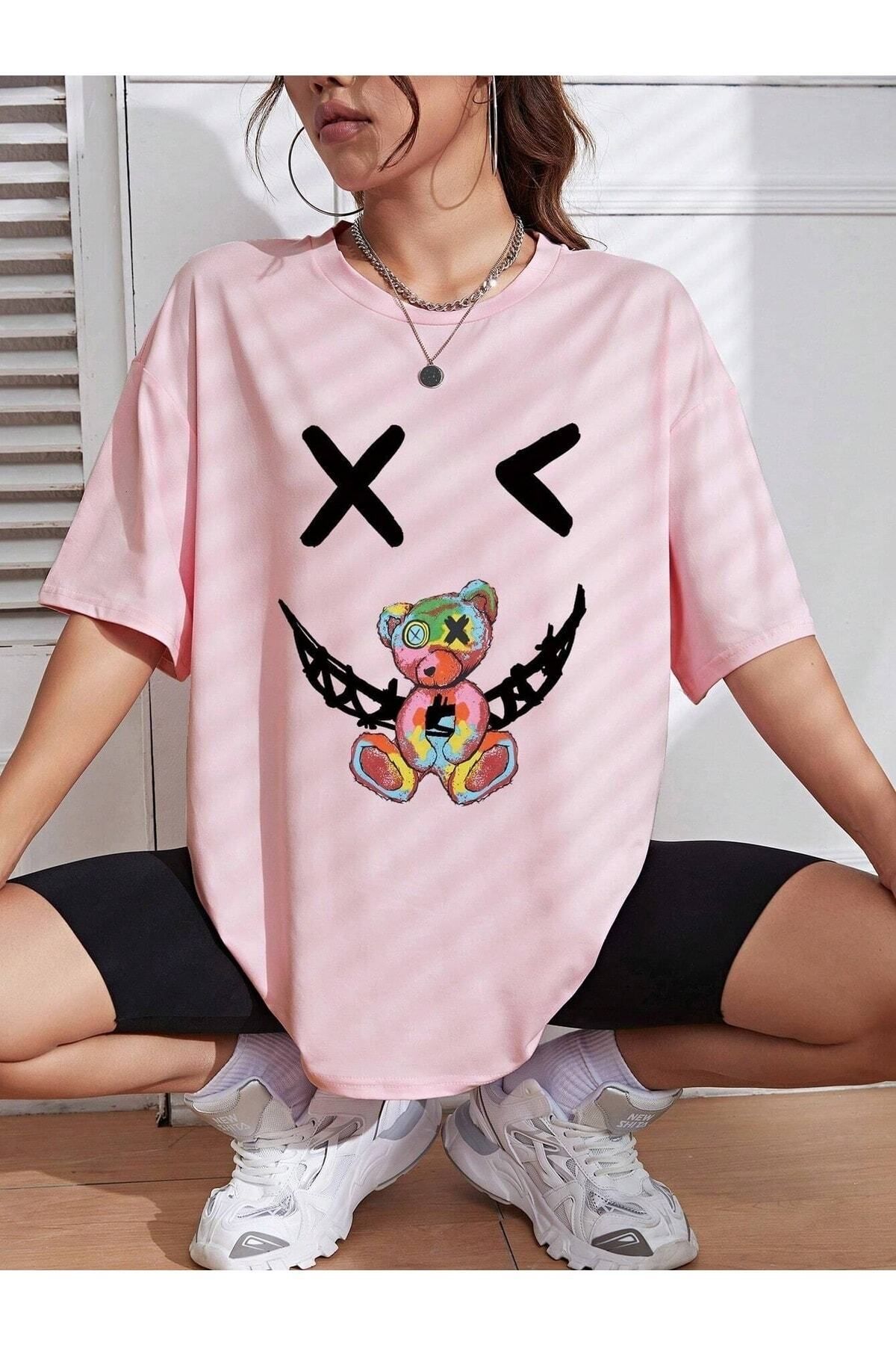 Boi Ayıcık X Baskılı Kadın / Kız Oversize Salas T-shirt Boyfriend