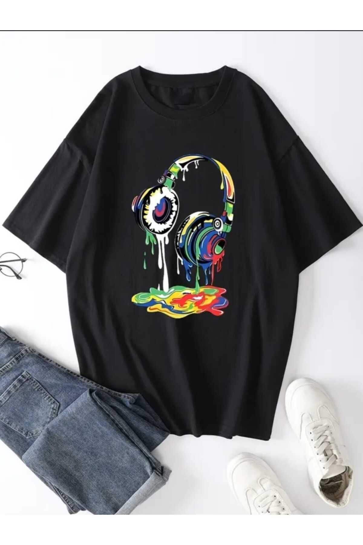 Hunors Sportswear & Company Music Kulaklık Baskılı Ünisex Salaş Oversize Boyfirend T-shirt