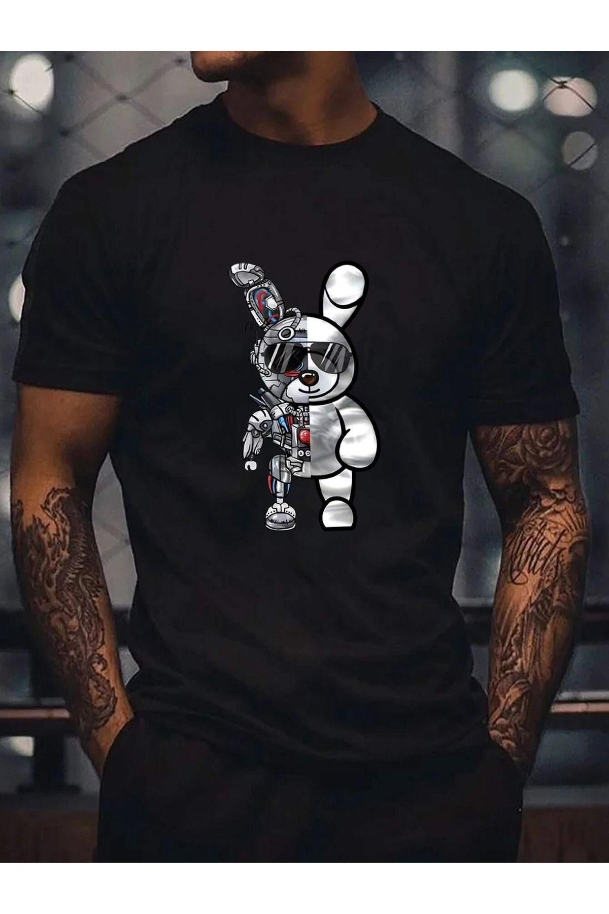Hunors Sportswear & Company Robot Tavşan T-Shirt - Siyah Baskılı Oversize Bisiklet Yaka Kısa Kol