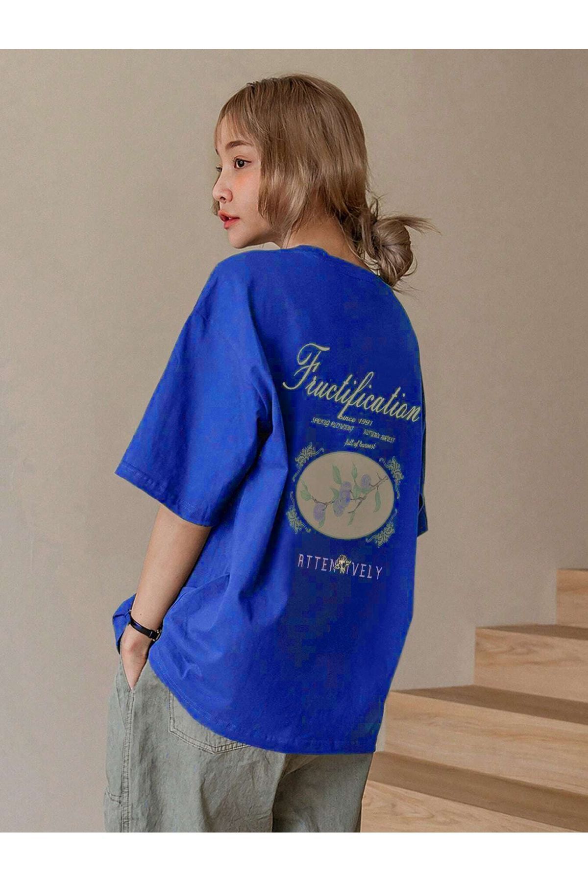Hunors Sportswear & Company Fuctification T-Shirt - Sax Saks Mavisi Baskılı Oversize Bisiklet Yaka Kısa Kol