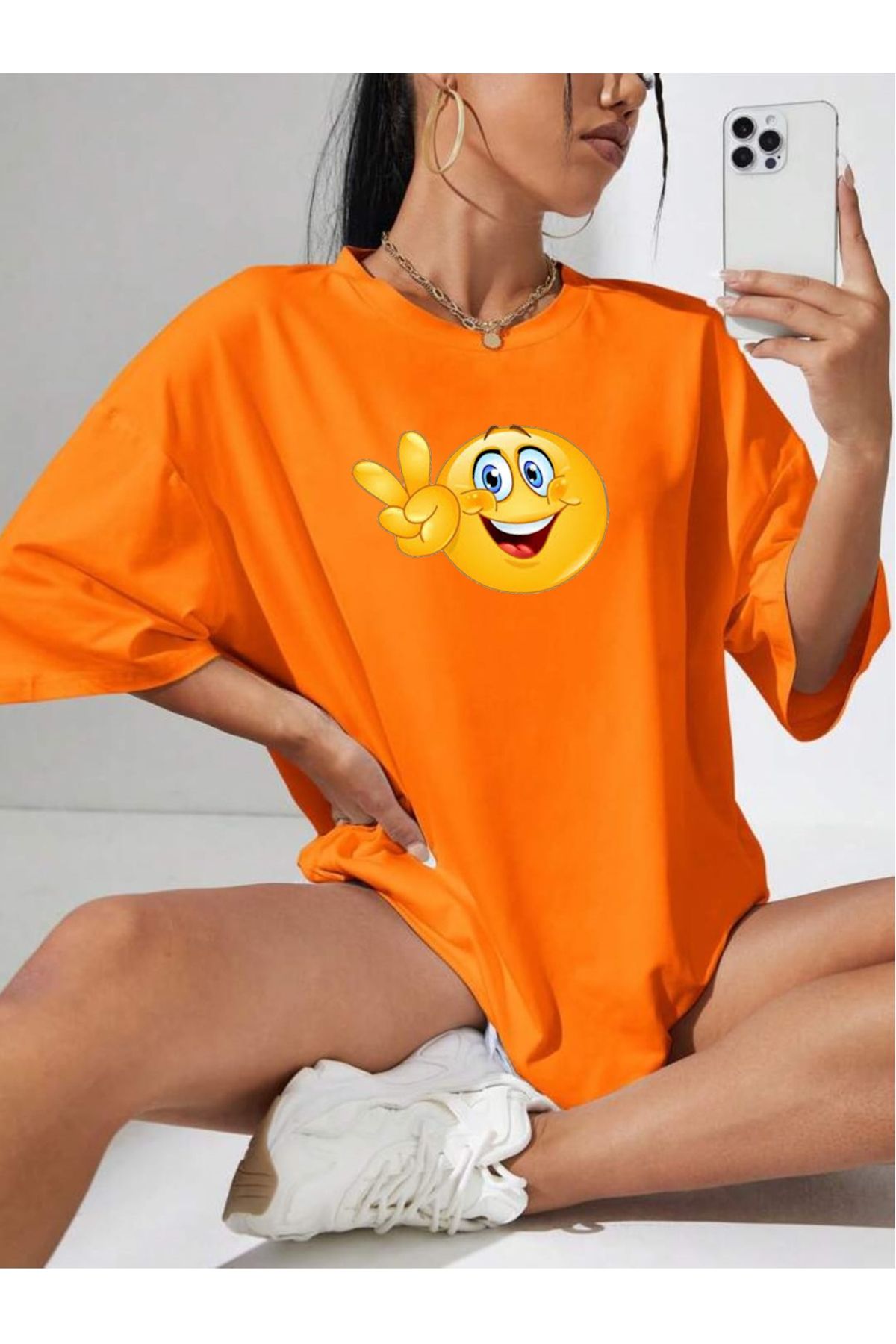 Hunors Sportswear & Company Kadın / Kız Emoji Baskılı Oversize Ünisex T-shirt Salaş Boyfirend