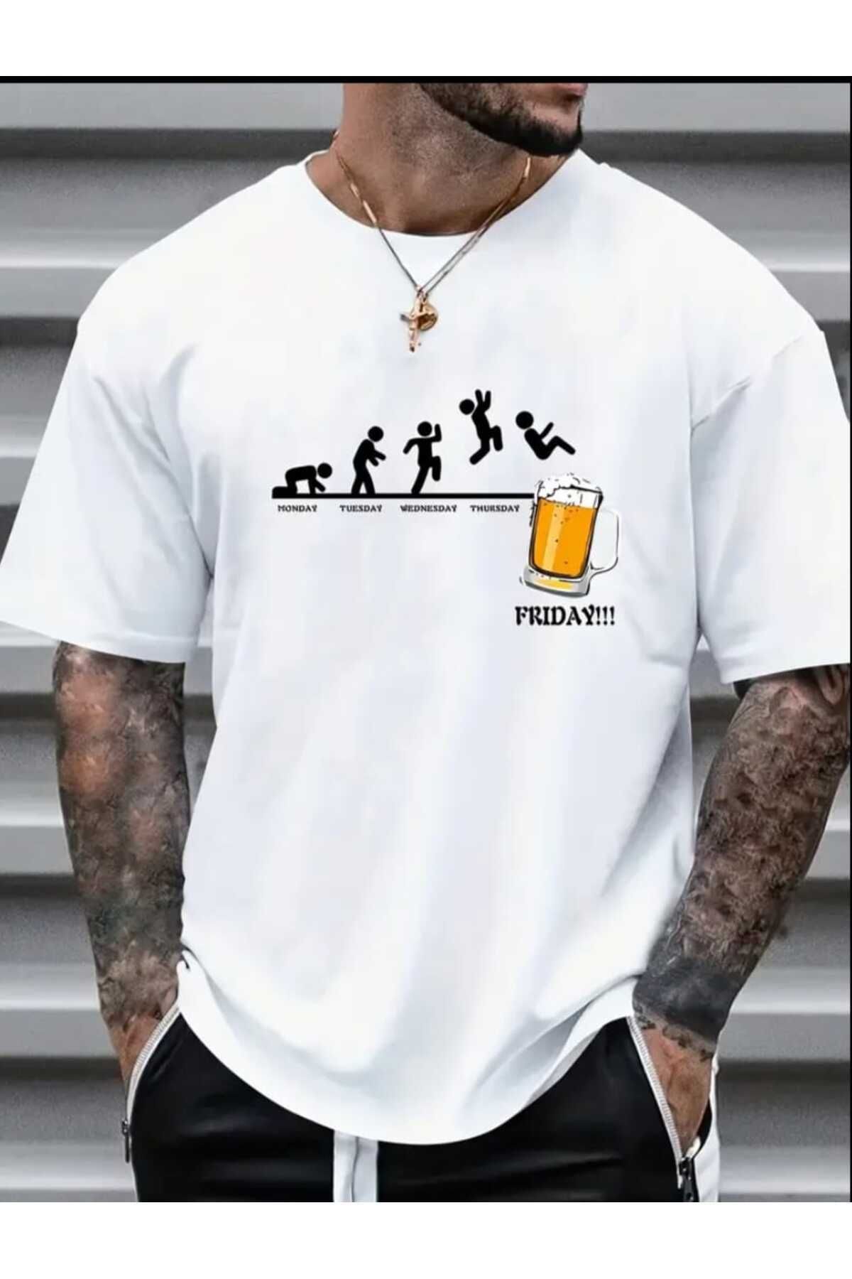 Hunors Sportswear & Company Friday Beer Baskılı Erkek Oversize T-shirt Salaş Boyfirend