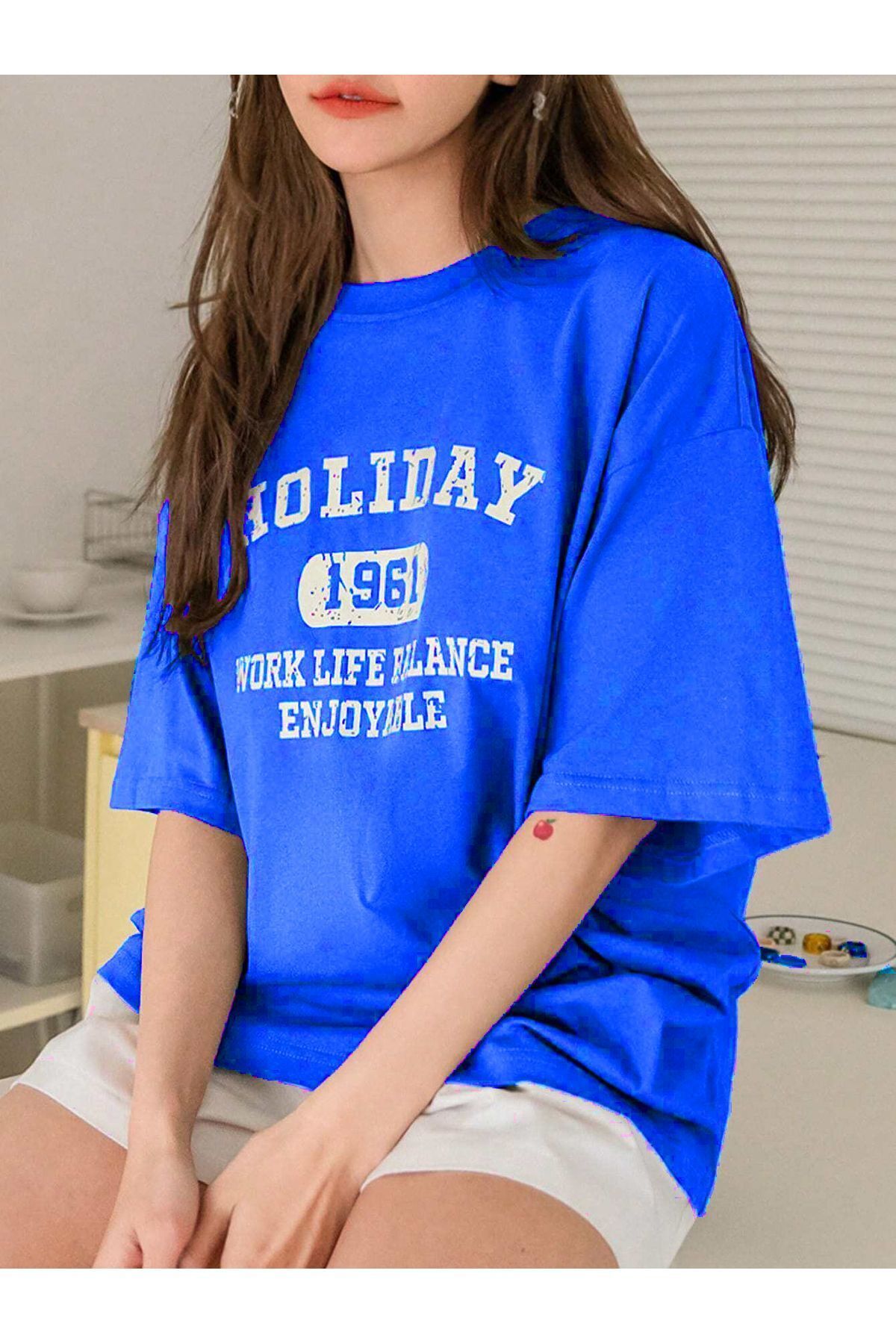 Hunors Sportswear & Company Holiday 1961 T-Shirt - Sax Saks Mavisi Baskılı Oversize Bisiklet Yaka Kısa Kol
