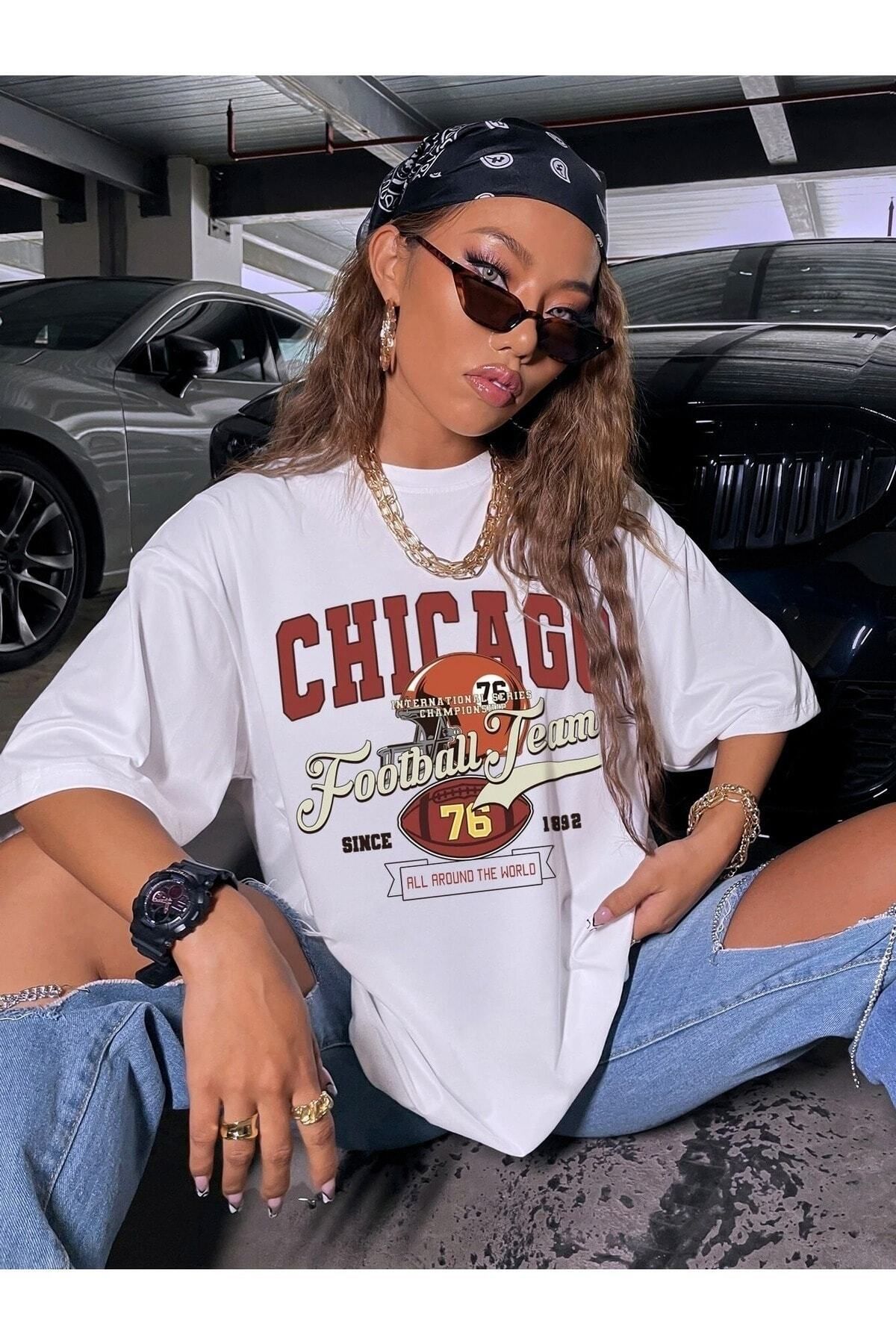 Hunors Sportswear & Company Kadın / Kız Oversize T-shirt Chıcago Football Team Baskılı