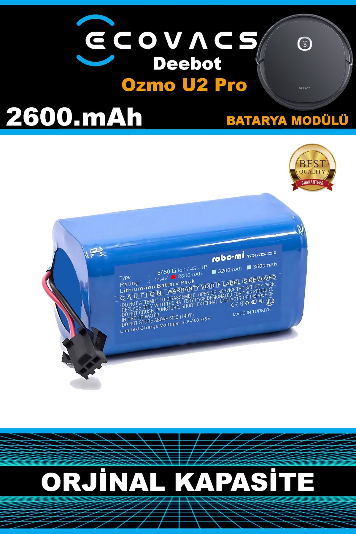 robo-mi Ecovacs Deebot Ozmo U2 Pro 2600mAh Robot Süpürge Bataryası - Gerçek Kapasite, Maksimum Güvenlik