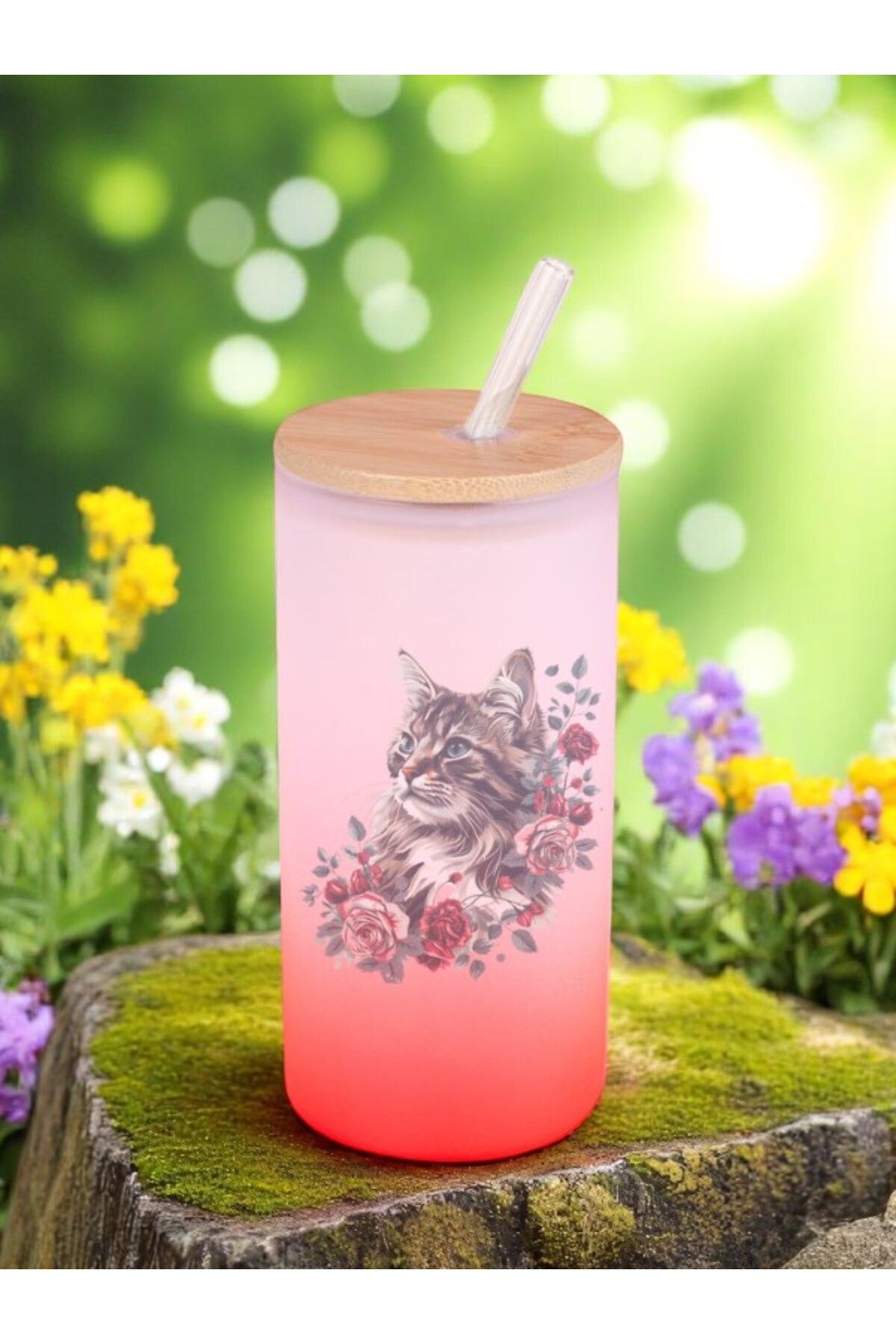 lili hediyelik Çiçekli Kedi Baskılı Cam Pipetli Suluk Matara 600 ml