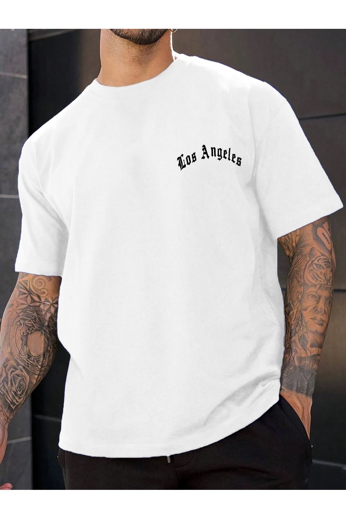 Boi Los Angeles Minimal T-Shirt - Beyaz Baskılı Oversize Bisiklet Yaka Kısa Kol