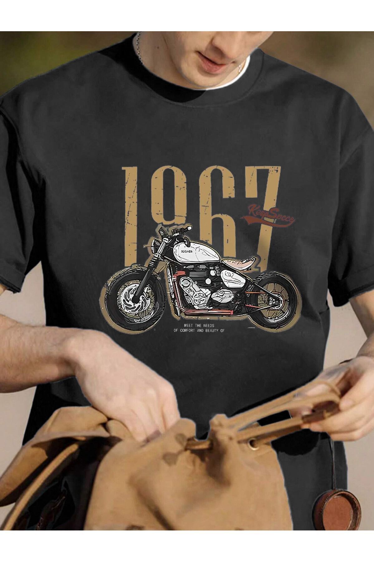 Boi 1967 Motorcycle T-Shirt - Siyah Baskılı Oversize Bisiklet Yaka Kısa Kol
