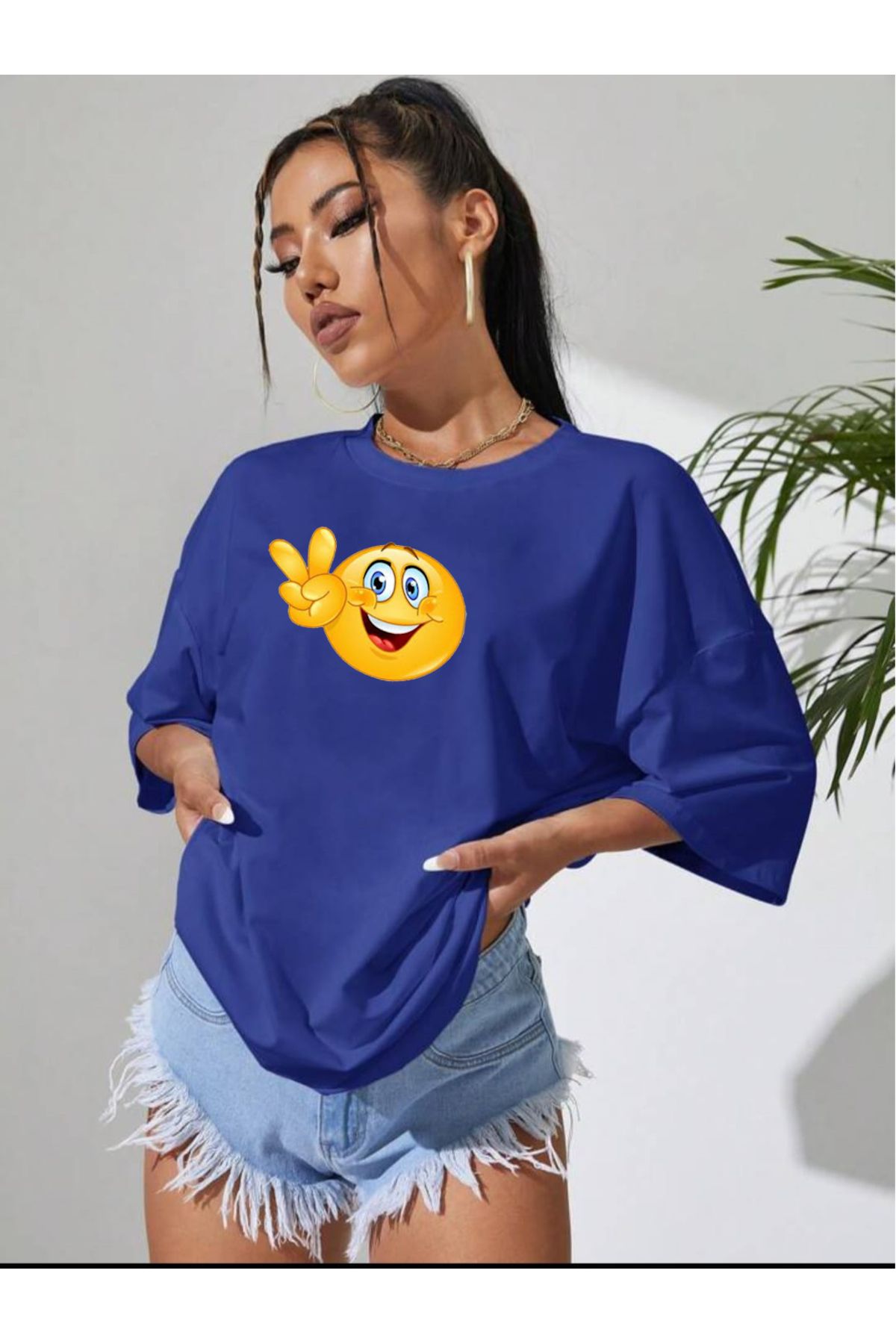 Hunors Sportswear & Company Kadın / Kız Emoji Baskılı Oversize Ünisex T-shirt Salaş Boyfirend