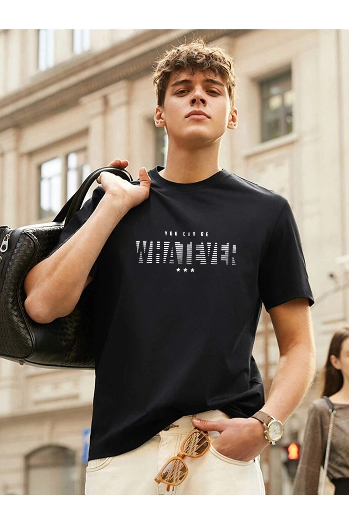 Boi Kadın ve Erkek Siyah Oversize T-shirt Whatever Baskılı