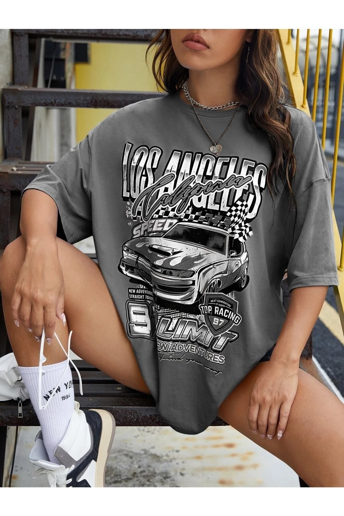 Boi Kadın / Kız Los Angels Baskılı Oversize Salas T-shirt Boyfriend