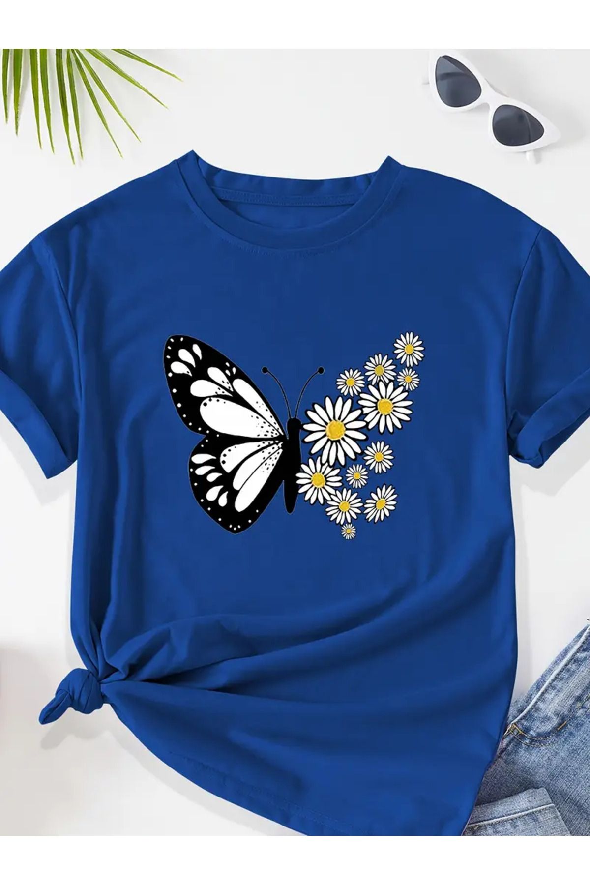 Hunors Sportswear & Company Kelebek & Papatya Baskılı Kadın Pamuk T-shirt