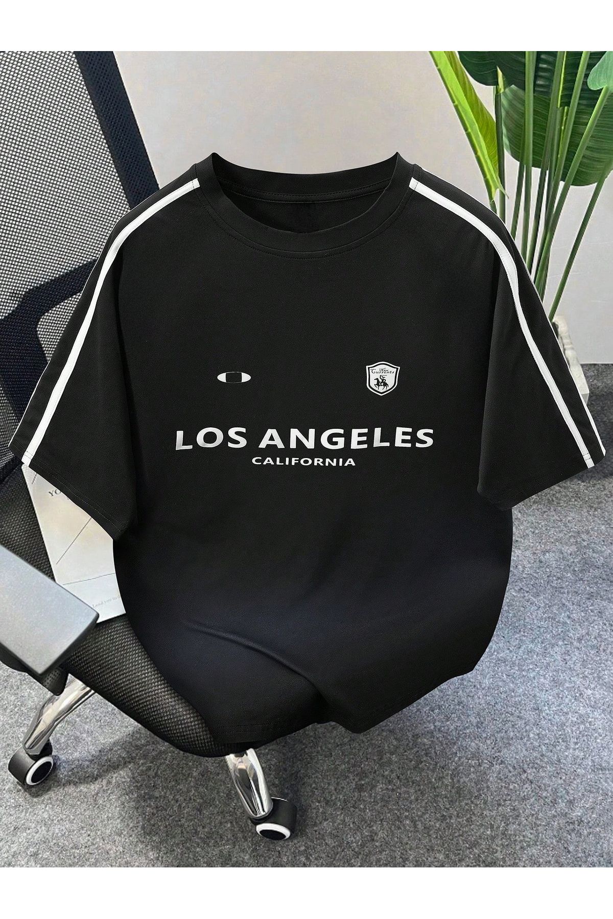 Hunors Sportswear & Company Los Angeles Şerit Detaylı T-Shirt - Siyah Baskılı Oversize Bisiklet Yaka Kısa Kol