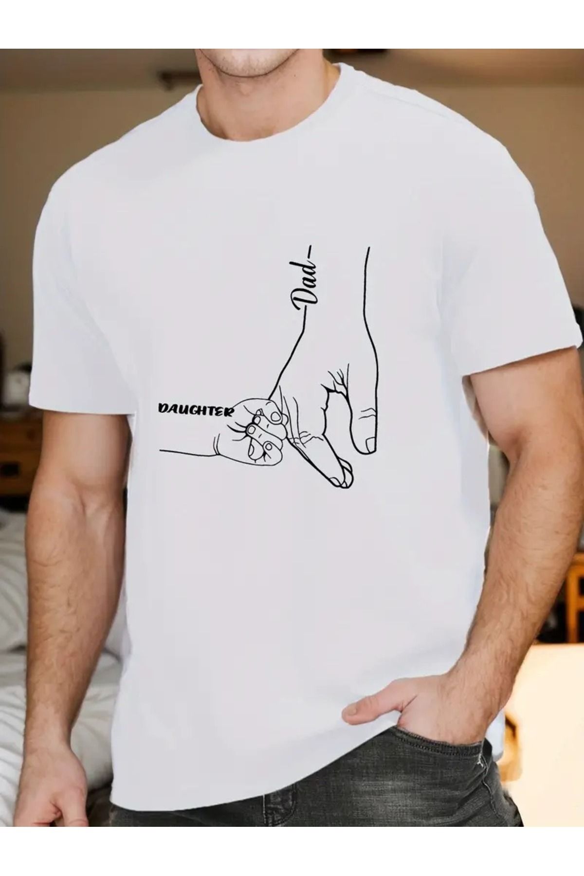 Boi Kadın ve Erkek Kız Çocuğu Babası Baskılı Bisiklet Yaka Oversize Salaş Boyfirend Siyah Beyaz T-shirt