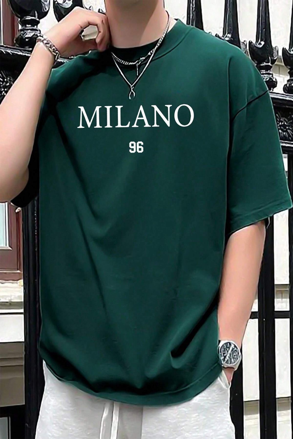 Hunors Sportswear & Company Nefti Yeşil Milano 96 T-Shirt - Baskılı Oversize Bisiklet Yaka Kısa Kol