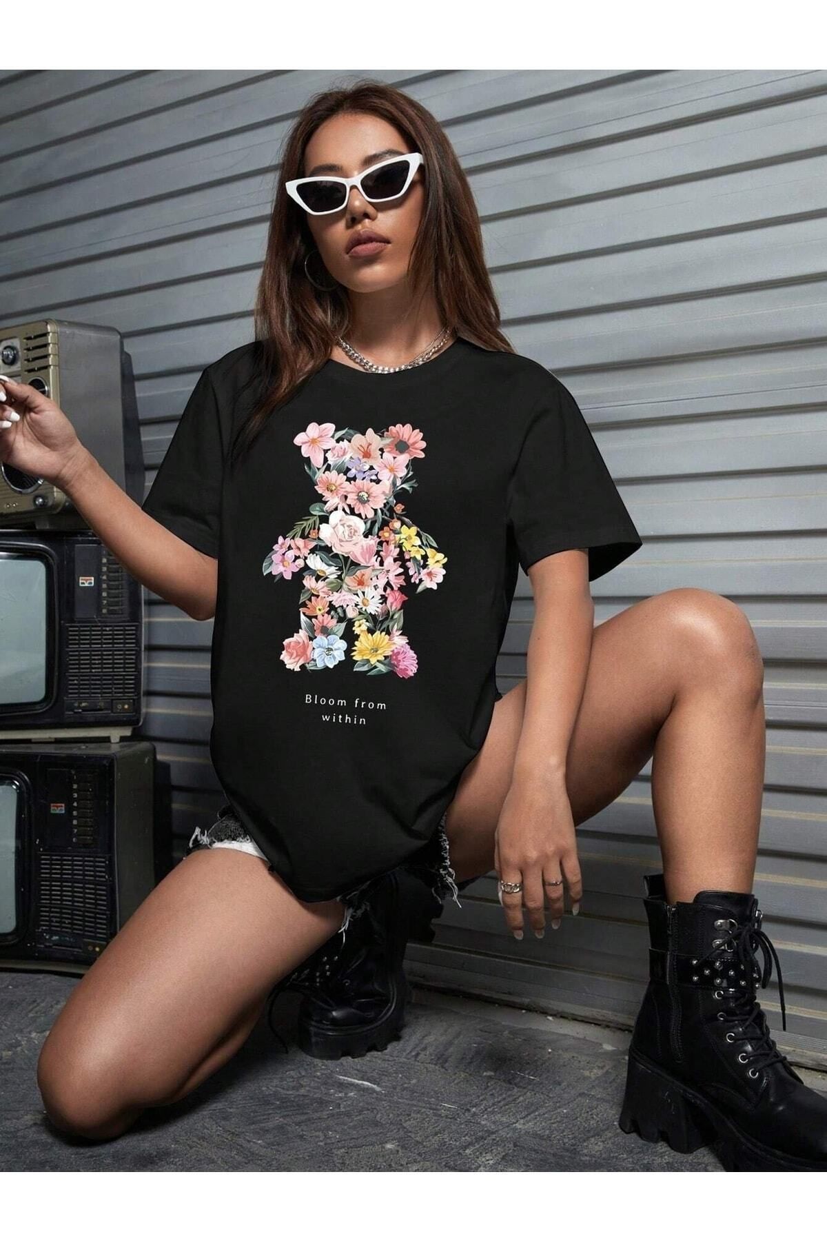 Hunors Sportswear & Company Kadın / Kız Flower Bear Baskılı Oversize T-shirt Salaş Boyfirend