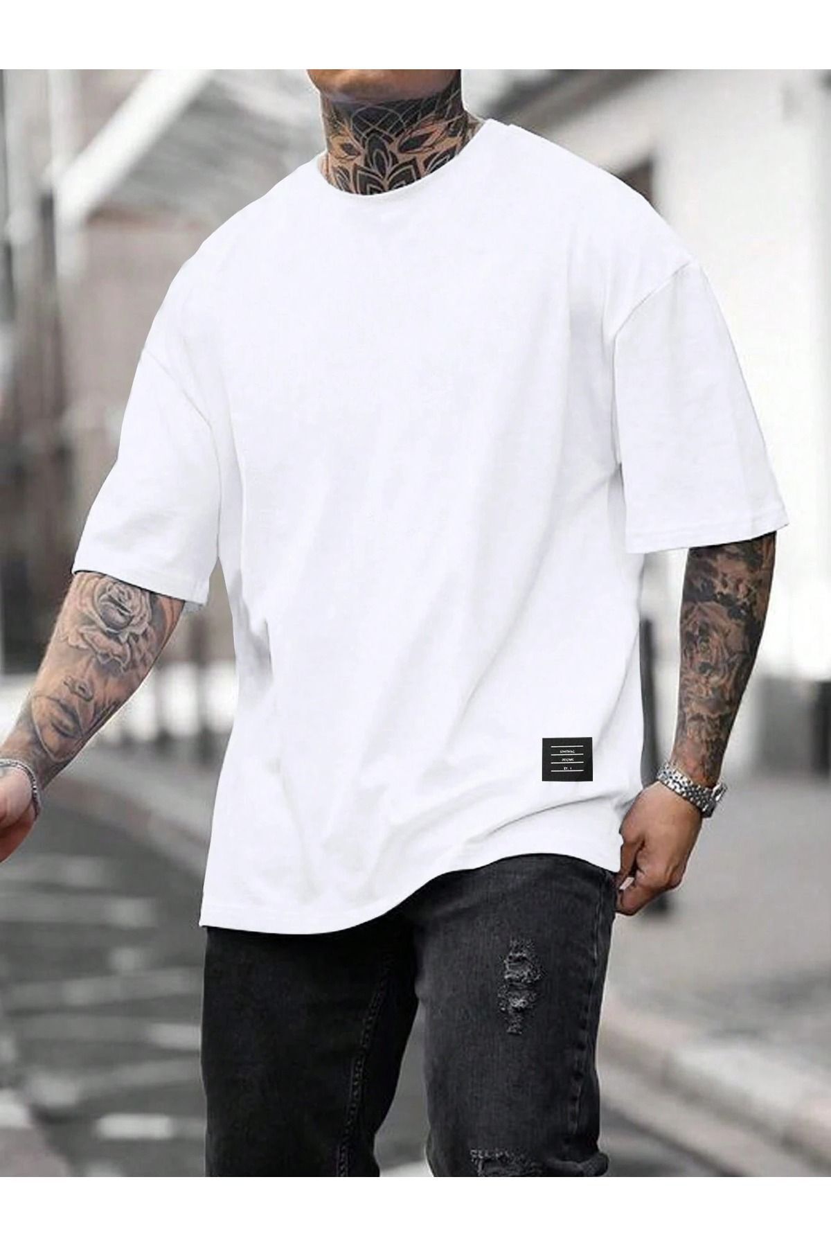 Hunors Sportswear & Company Etiket Desen T-Shirt - Beyaz Baskılı Oversize Bisiklet Yaka Kısa Kol