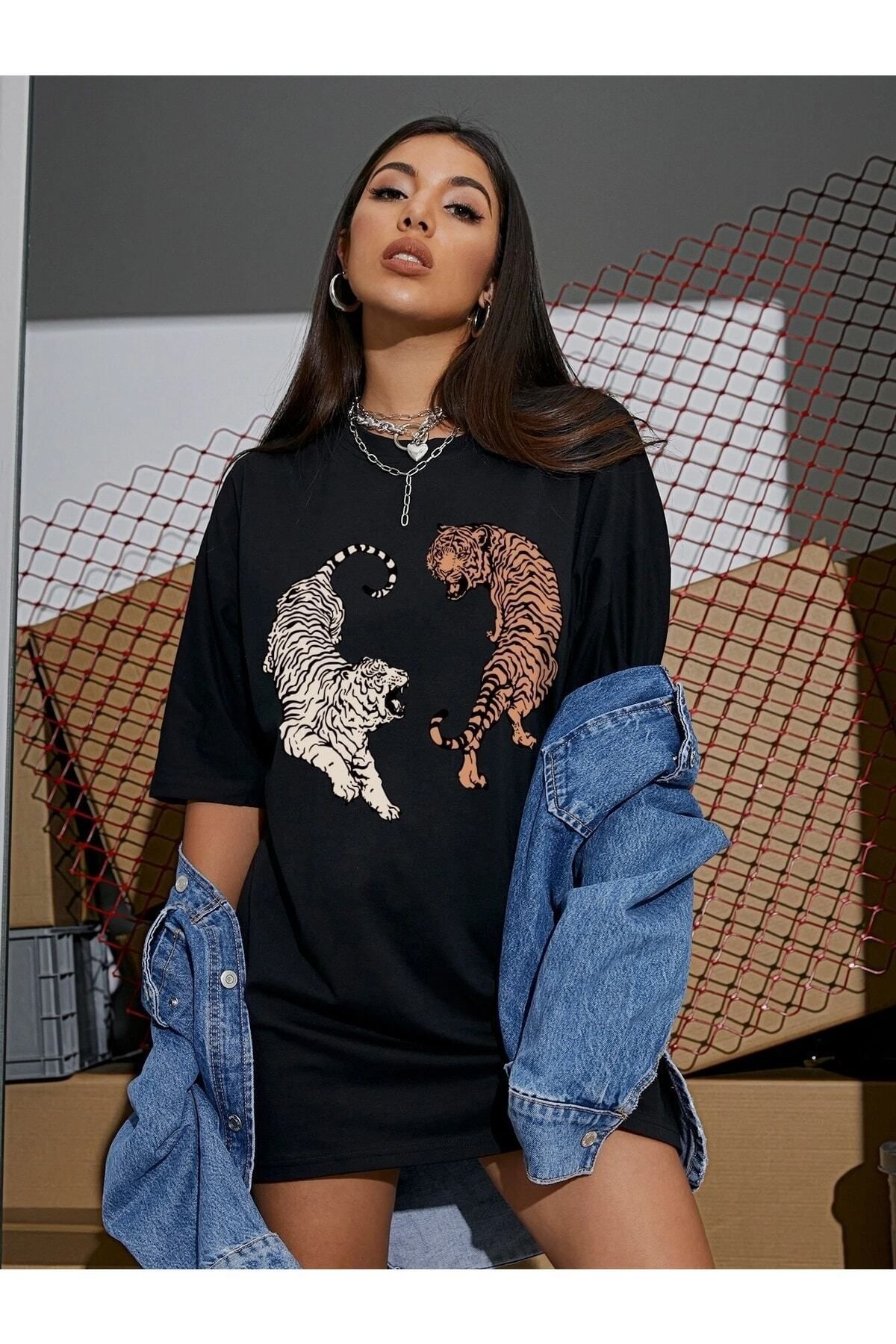 Boi Kadın / Kız Oversize T-shirt Tiger Baskılı